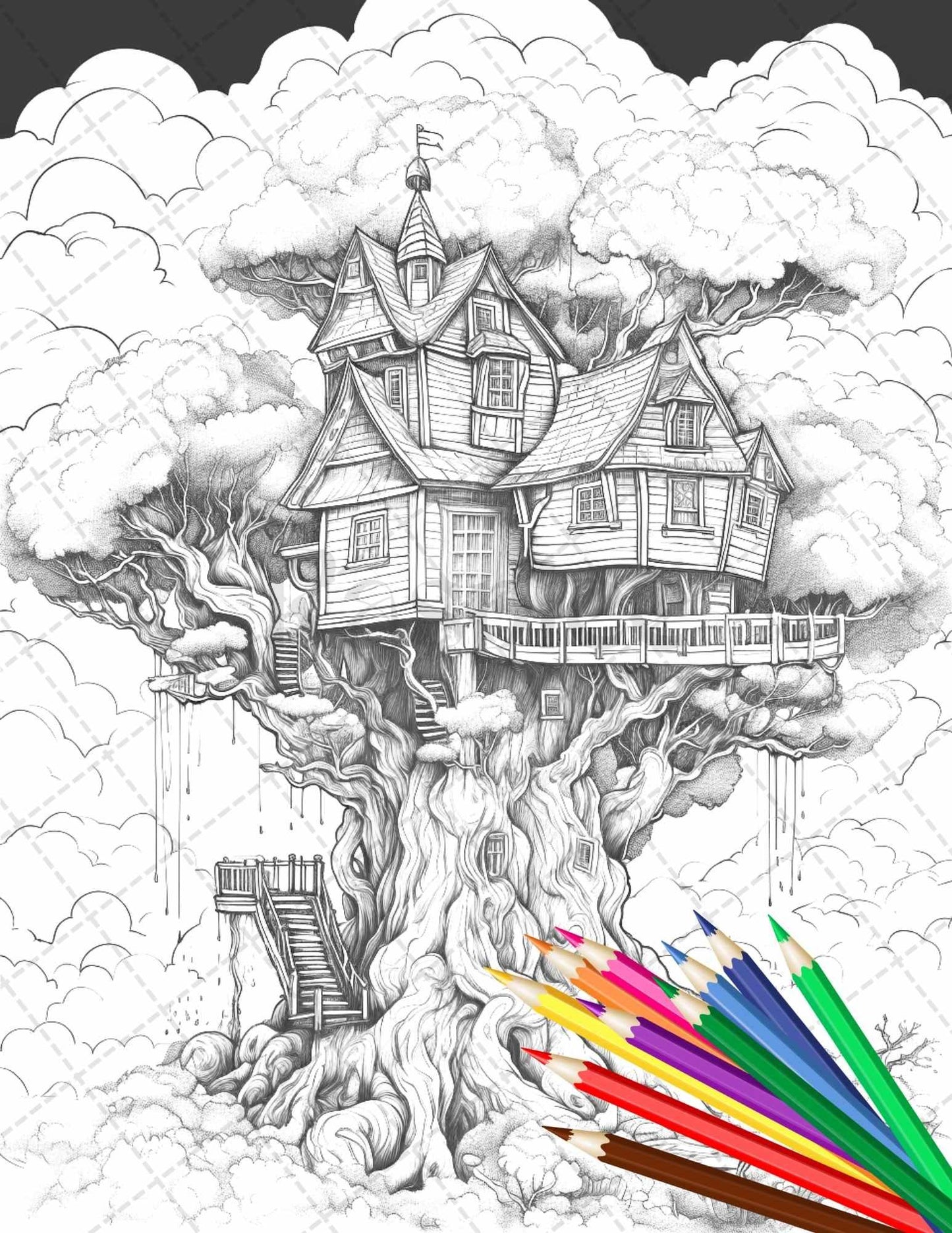 110 Enchanted Treehouse Coloring Book Printable for Adults, Grayscale Coloring Page, PDF File Instant Download