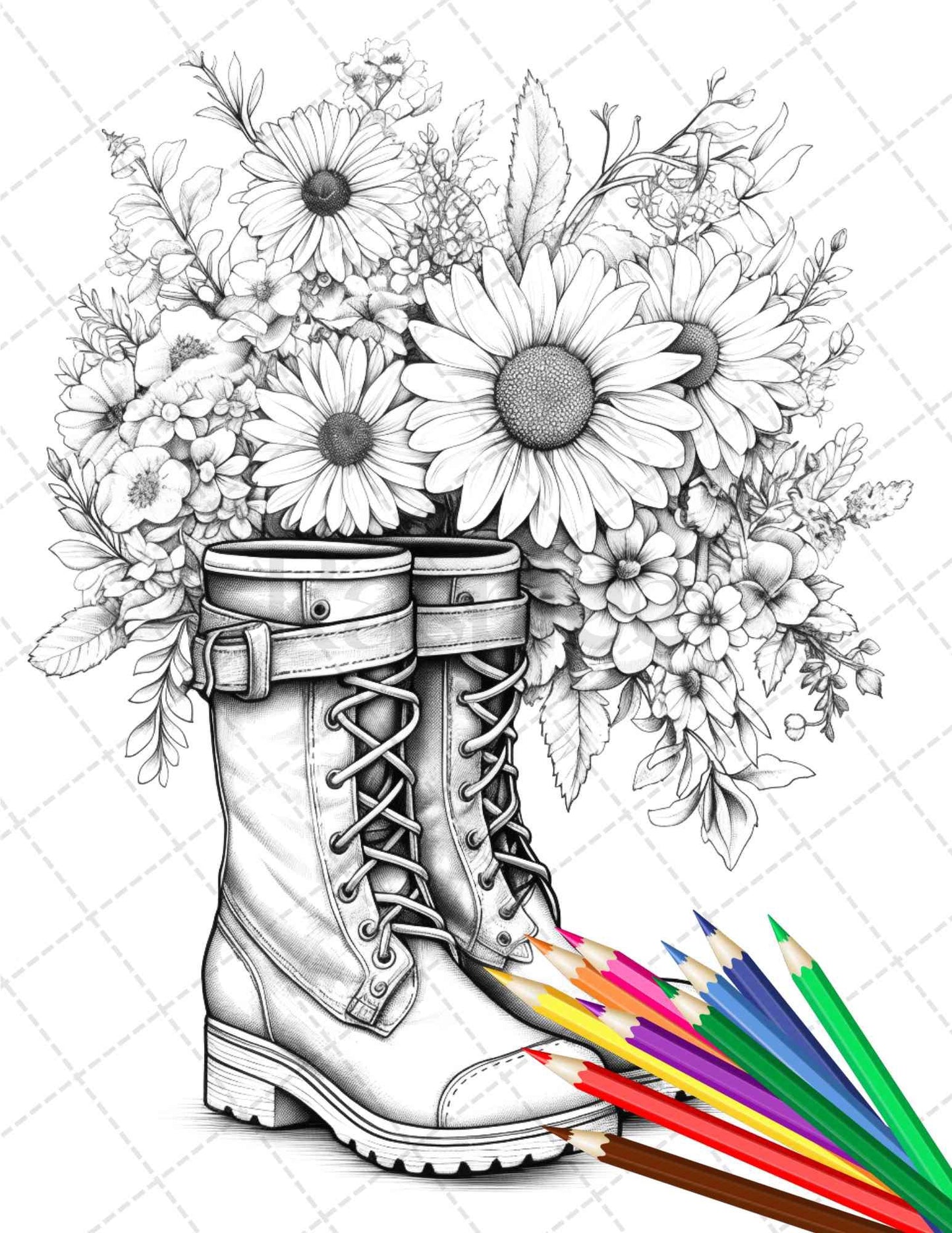 32 Flower Boots Coloring Pages Printable for Adults, Floral Grayscale Coloring Page, PDF File Instant Download