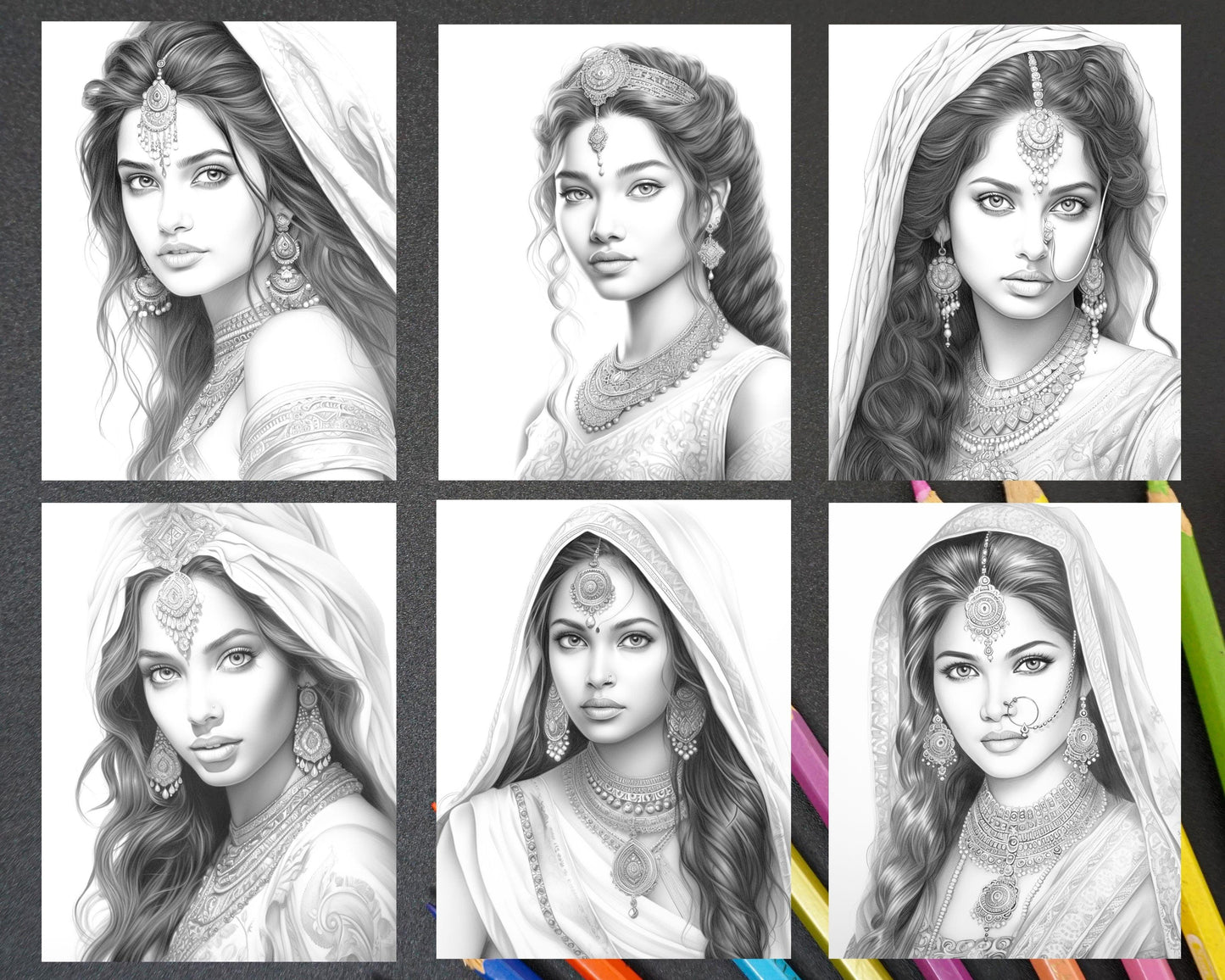50 Beautiful Indian Women Grayscale Coloring Pages for Adults, Printable PDF File Instant Download