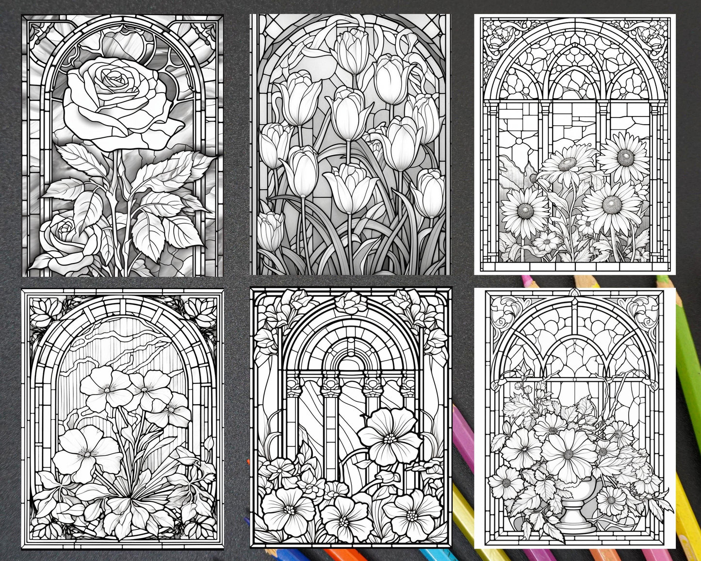 30 Stained Glass Flowers Grayscale Coloring Pages Printable for Adults, PDF File Instant Download