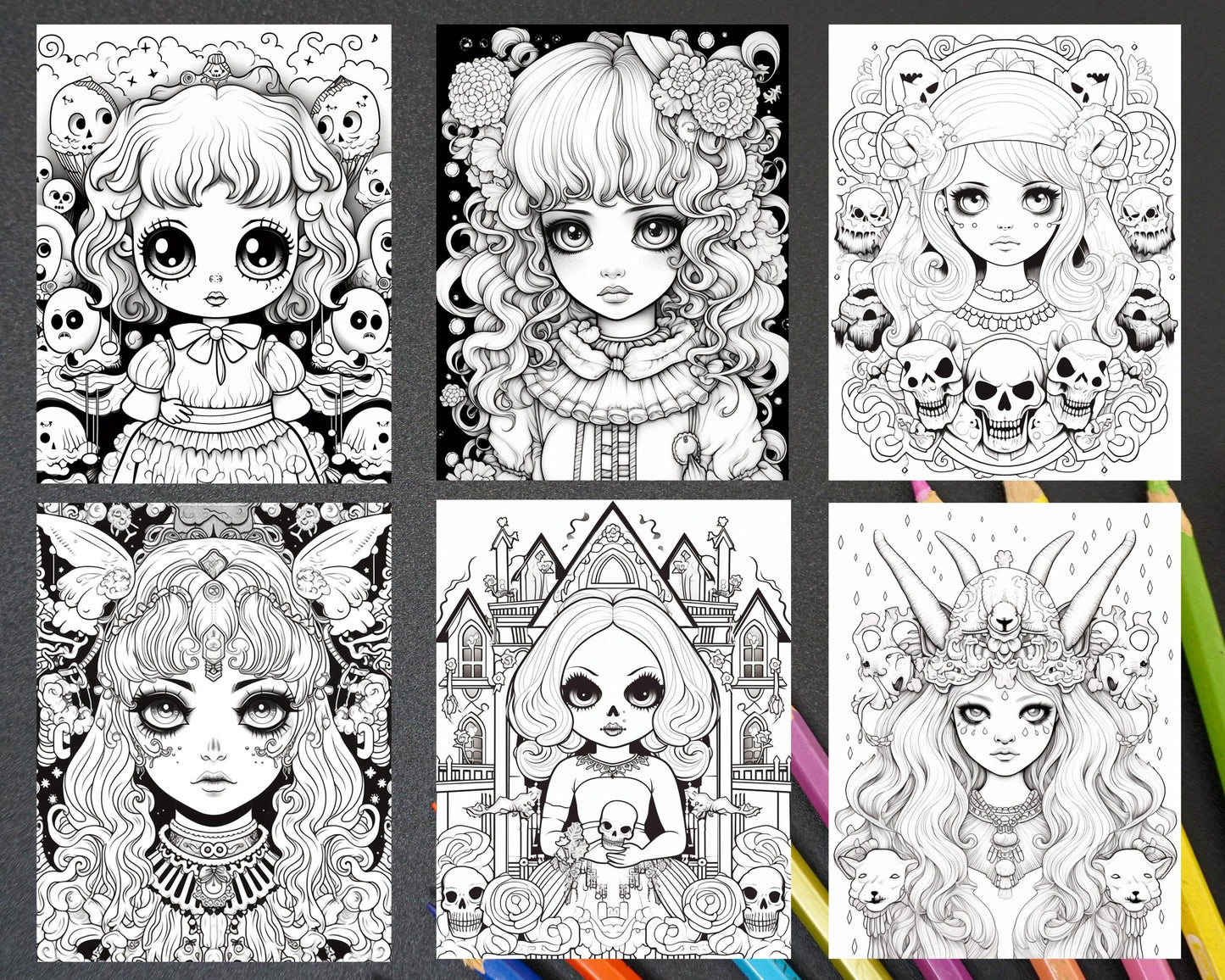 32 Creepy Kawaii Pastel Goth Coloring Pages Printable for Adults, Grayscale Coloring Page, PDF File Instant Download