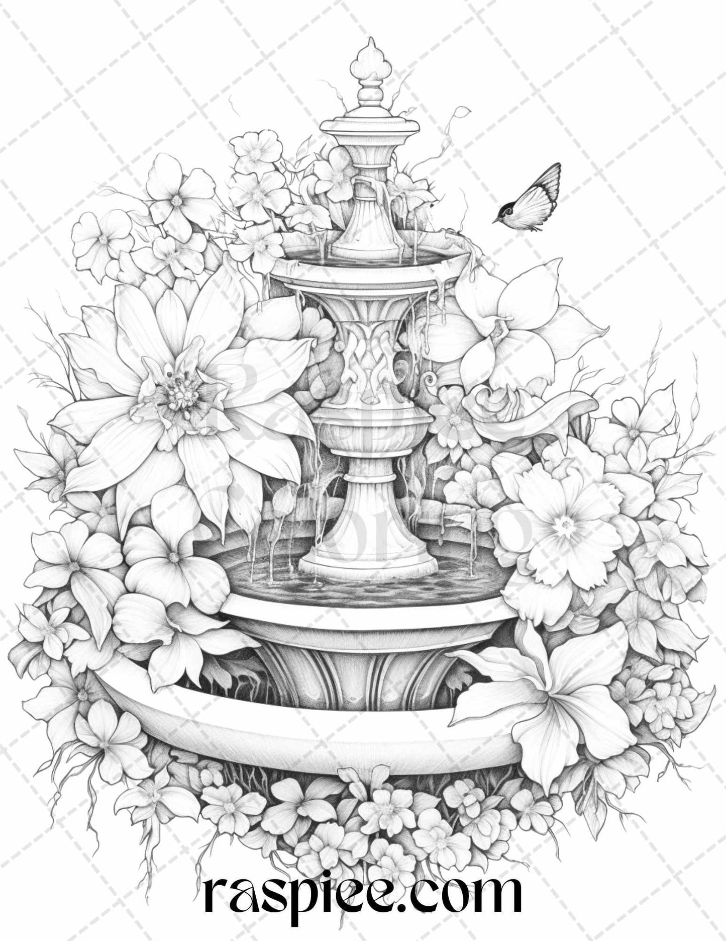 32 Blooming Fountains Grayscale Coloring Pages Printable for Adults, PDF File Instant Download