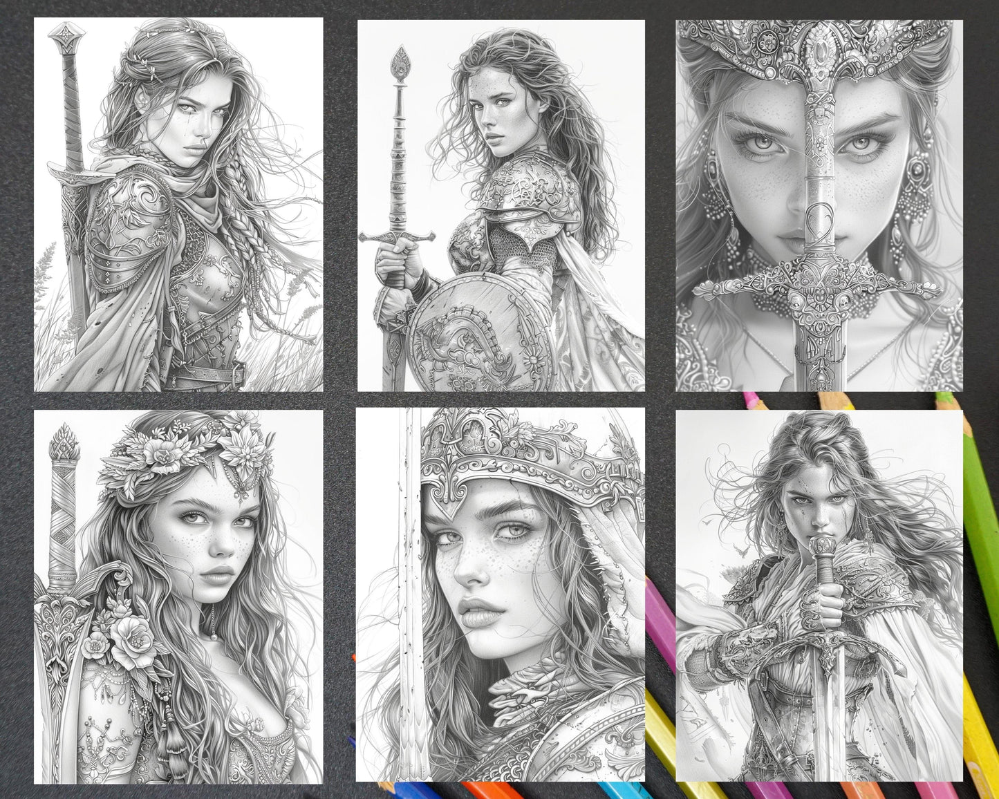 60 Beautiful Warriors Grayscale Adult Coloring Pages, Printable PDF Instant Download