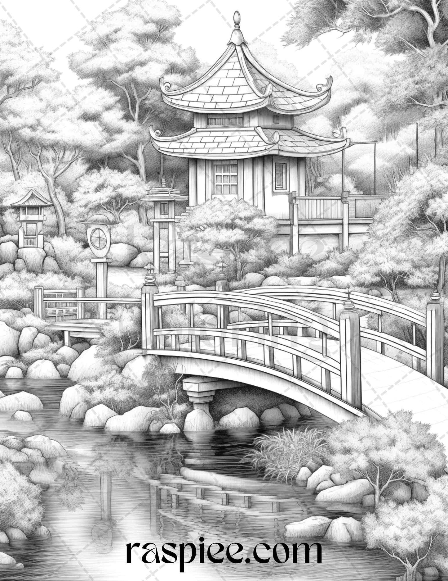 Japanese Garden Grayscale Coloring Pages Printable for Adults, PDF File Instant Download