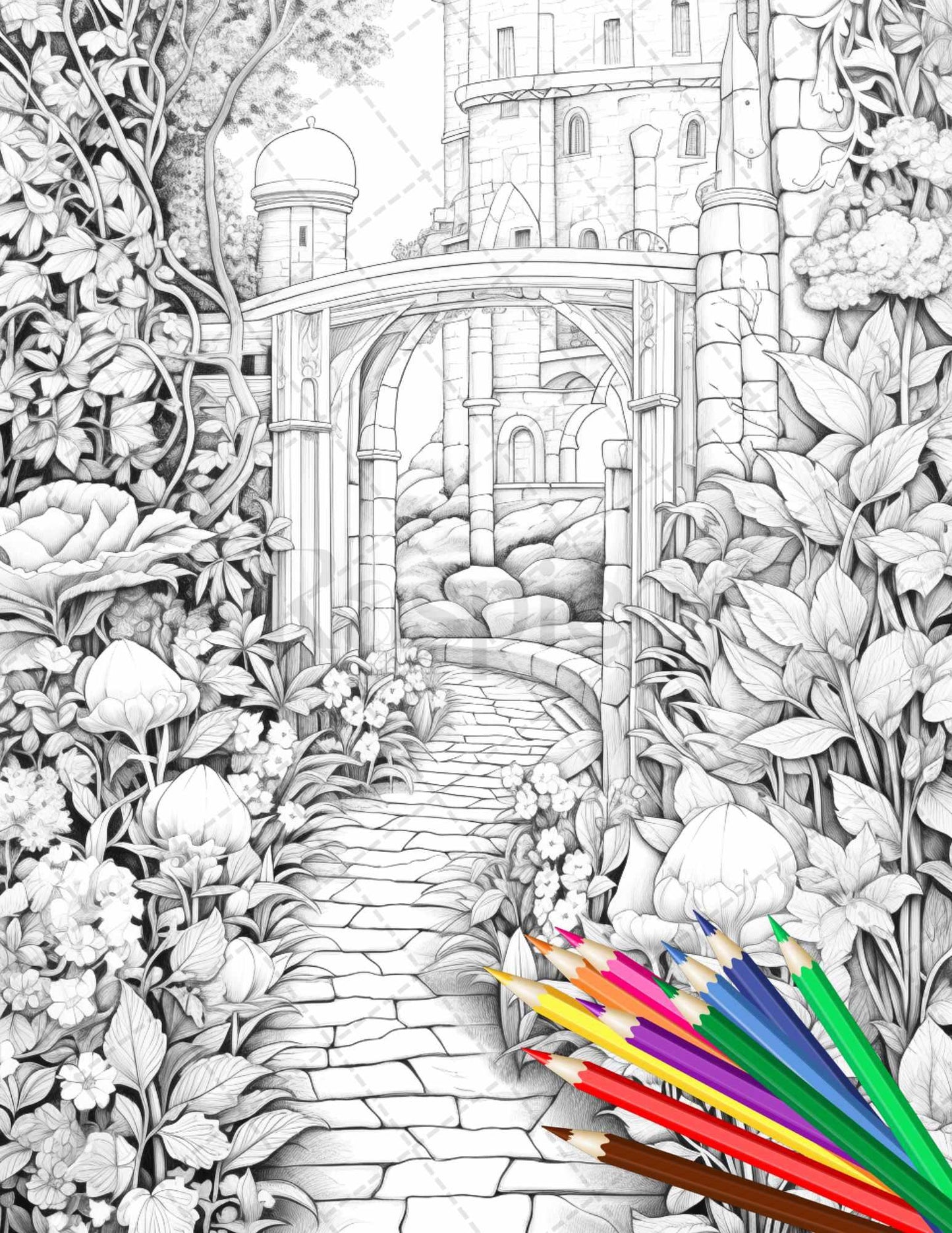 Secret Garden Coloring Pages Printable for Adults, Grayscale Coloring Page, PDF File Instant Download
