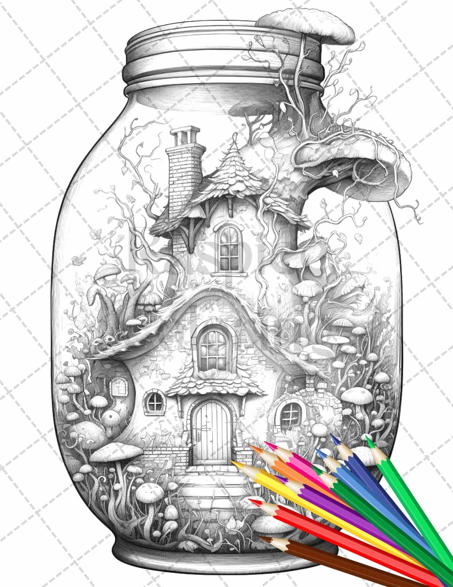 Fairy House in Jar Grayscale Coloring Pages Printable for Adults, PDF File Instant Download