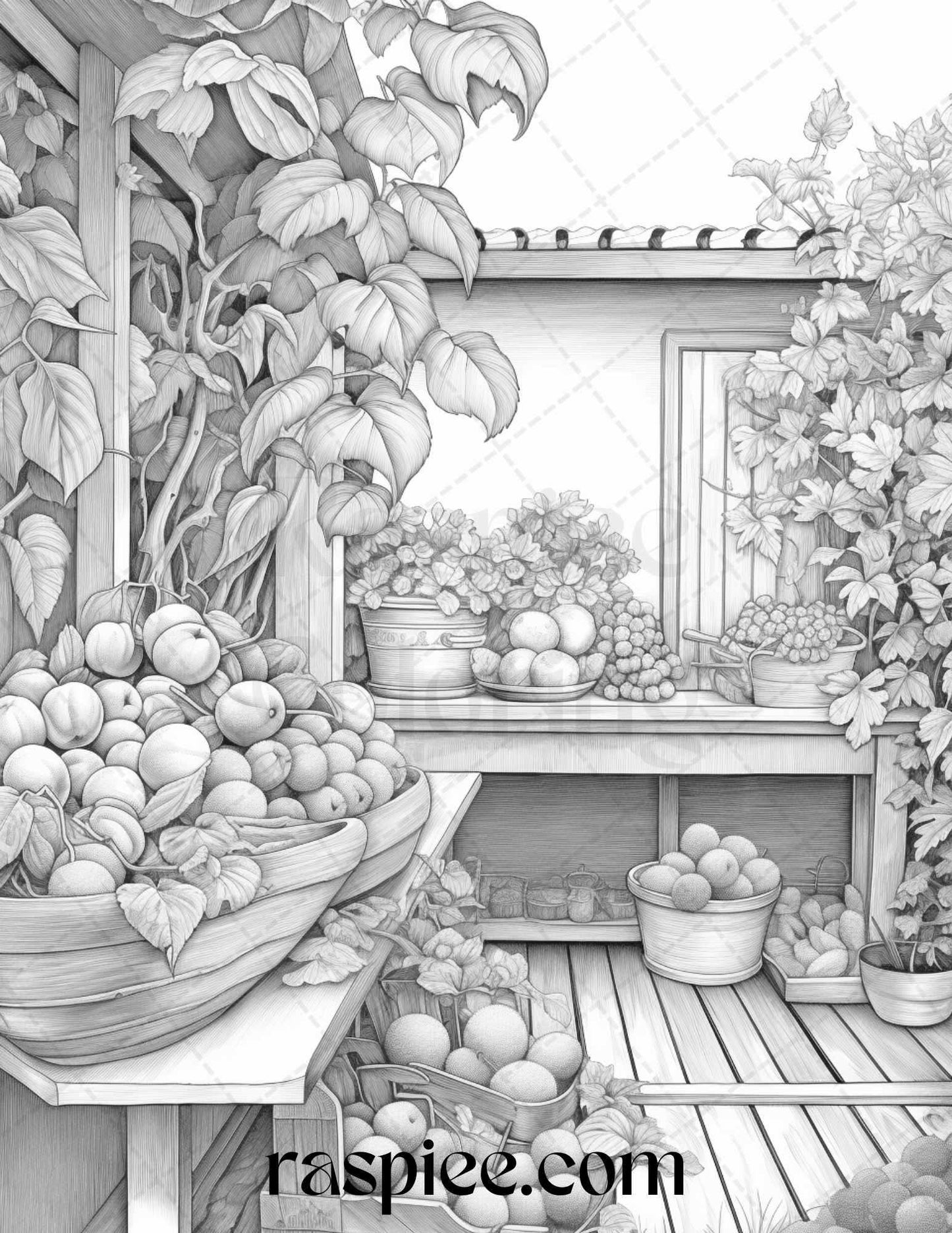 Relaxing Fruit Garden Grayscale Coloring Pages Printable for Adults, PDF File Instant Download