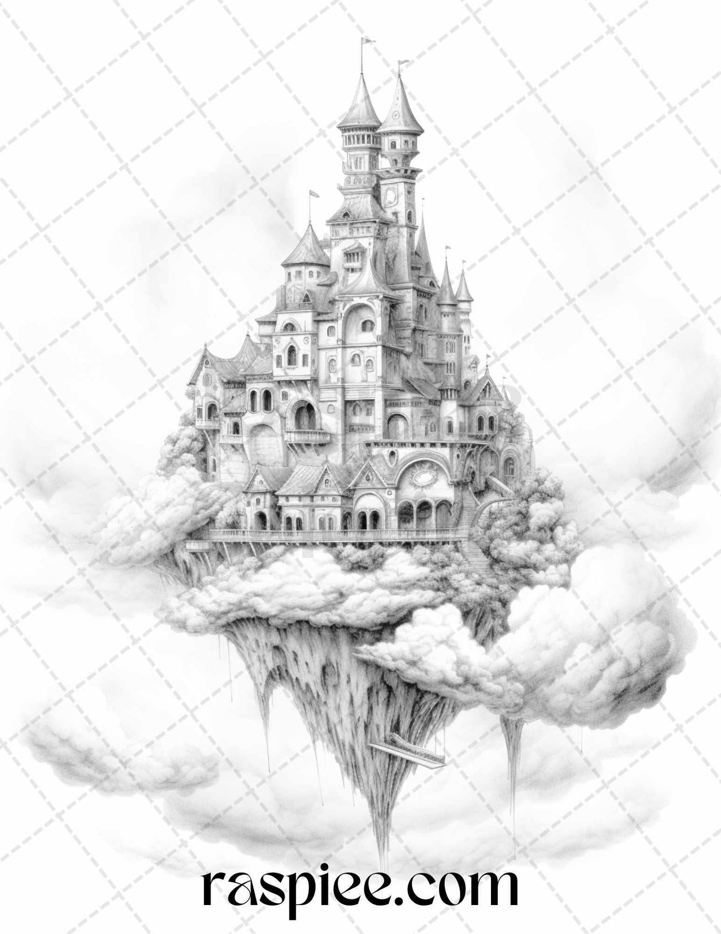 Floating Castle in the Sky Grayscale Coloring Pages for Adults, Printable PDF File Instant Download