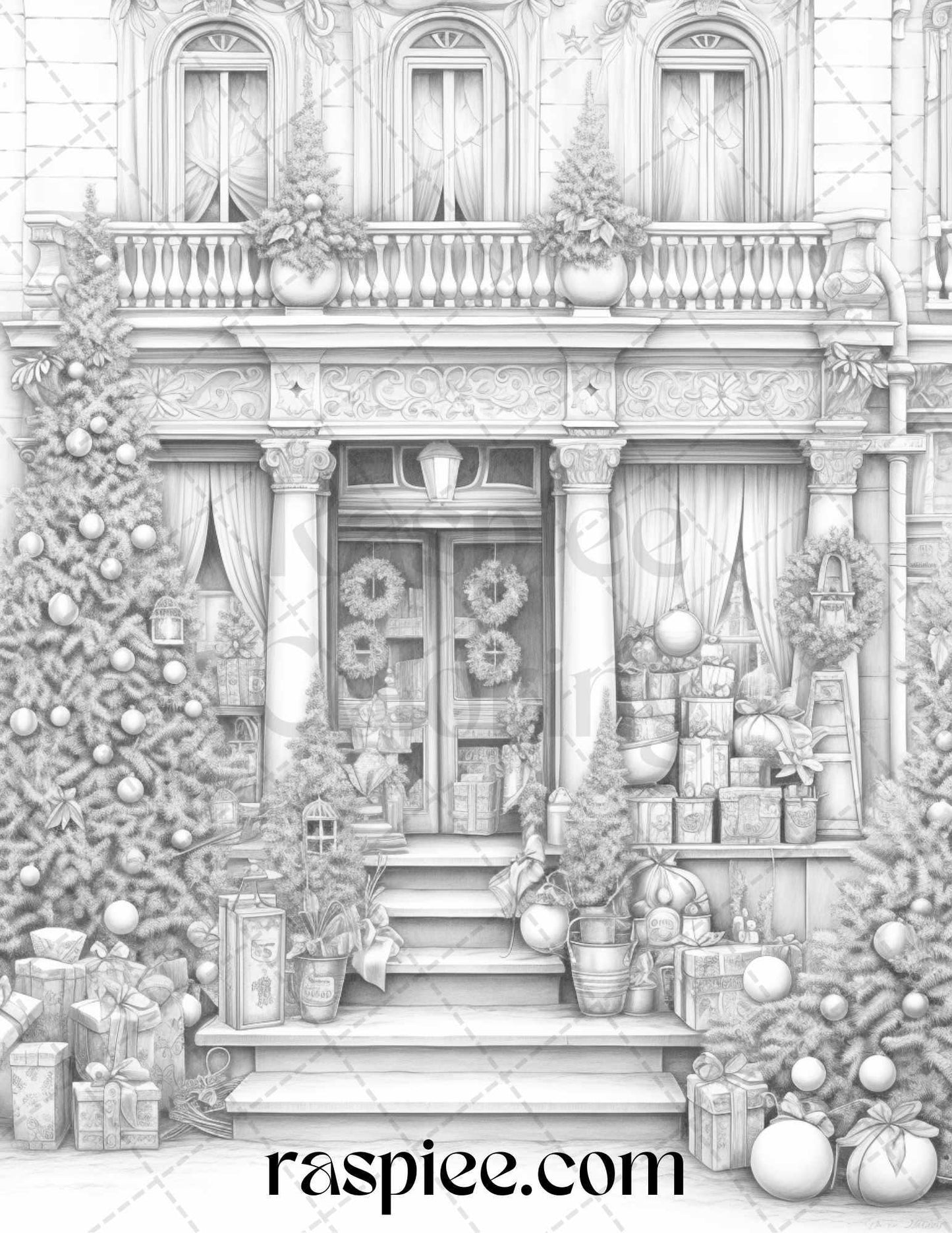 Christmas Store Front Grayscale Coloring Pages for Adults, PDF Printable Instant Download