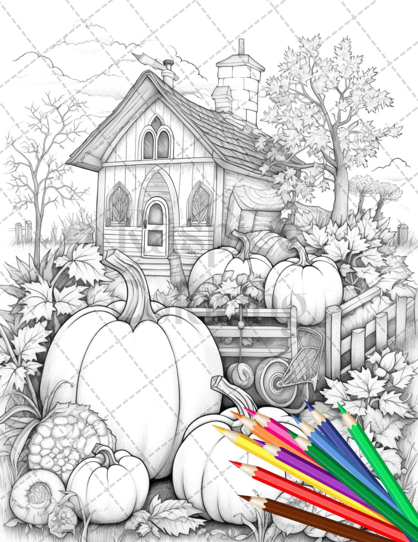 Pumpkin Garden Scenery Grayscale Coloring Pages Printable for Adults, PDF File Instant Download