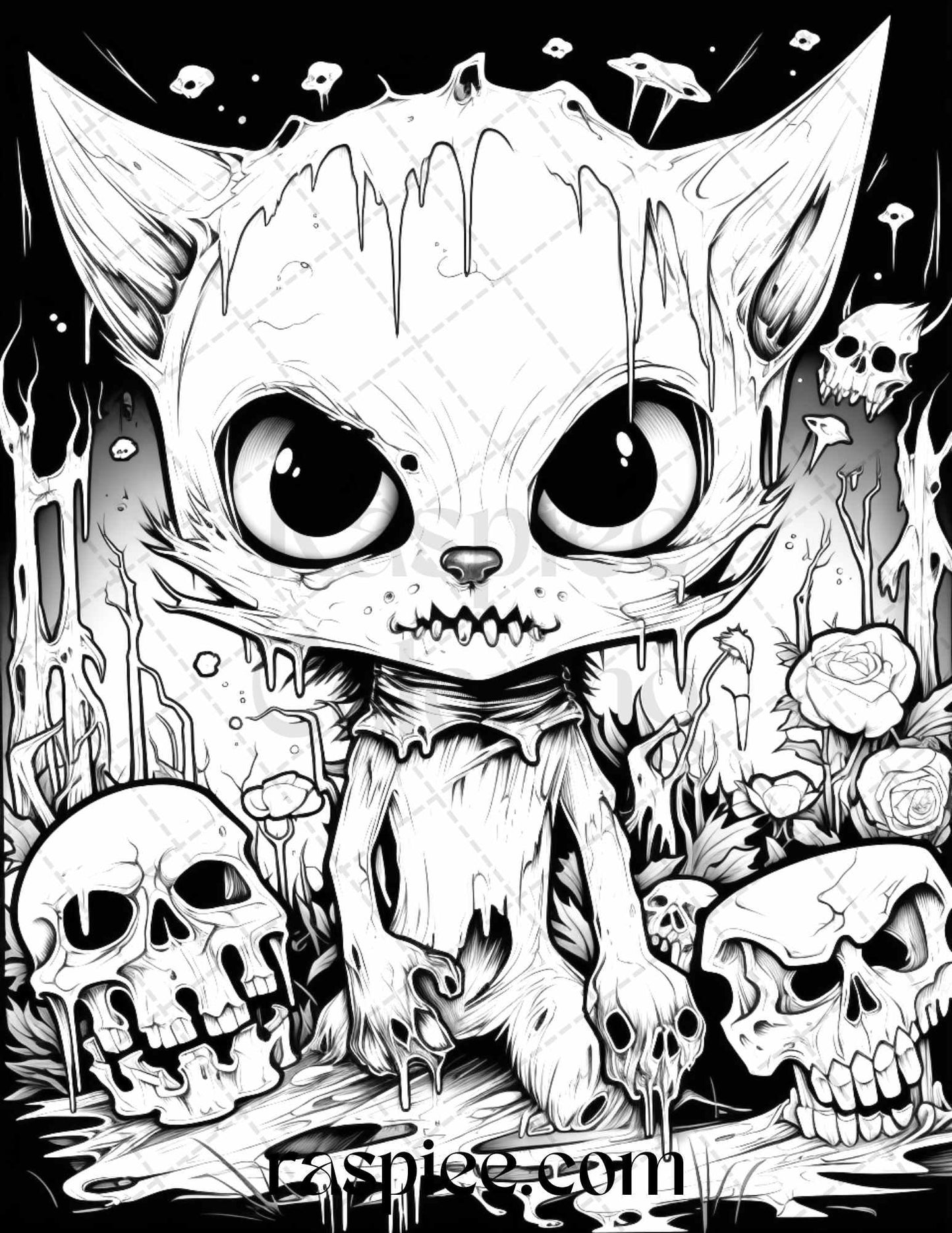 50 Halloween Scary Animals Grayscale Coloring Pages Printable for Adults, PDF File Instant Download