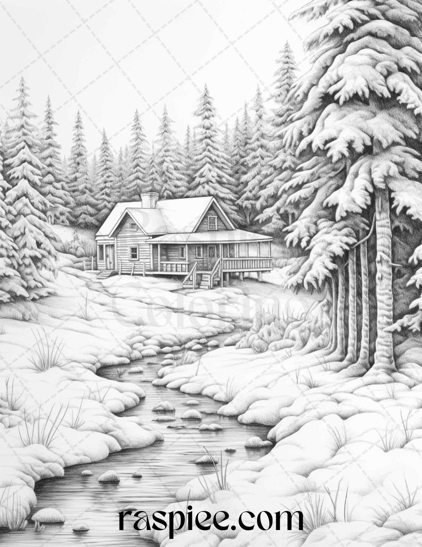 Winter Scenery Grayscale Coloring Pages Printable, Relaxing Snowy Landscapes, PDF File Instant Download