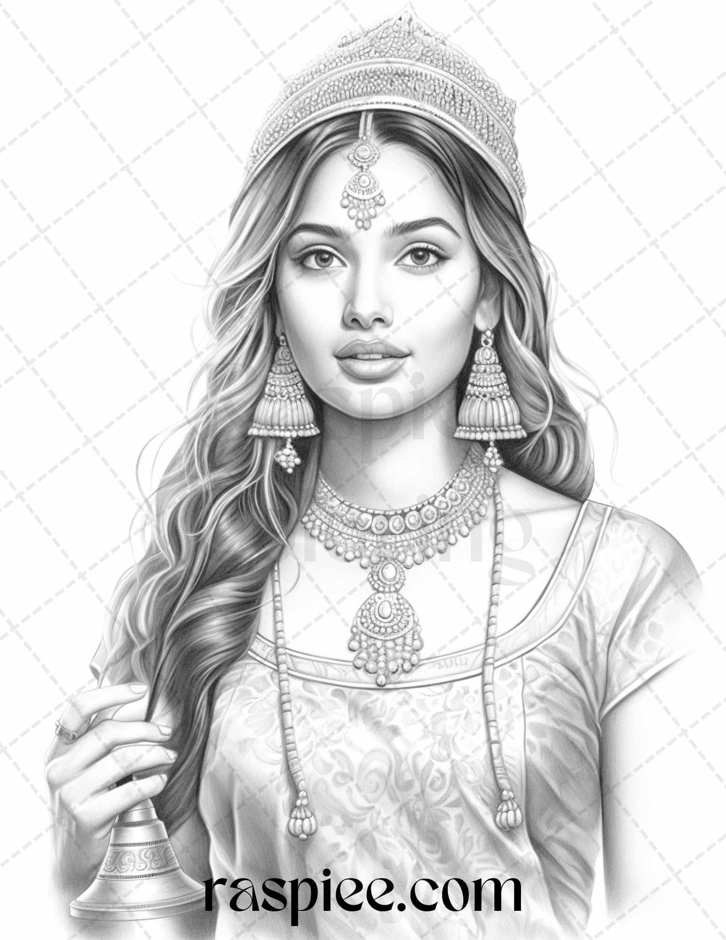 50 Beautiful Indian Women Grayscale Coloring Pages for Adults, Printable PDF File Instant Download