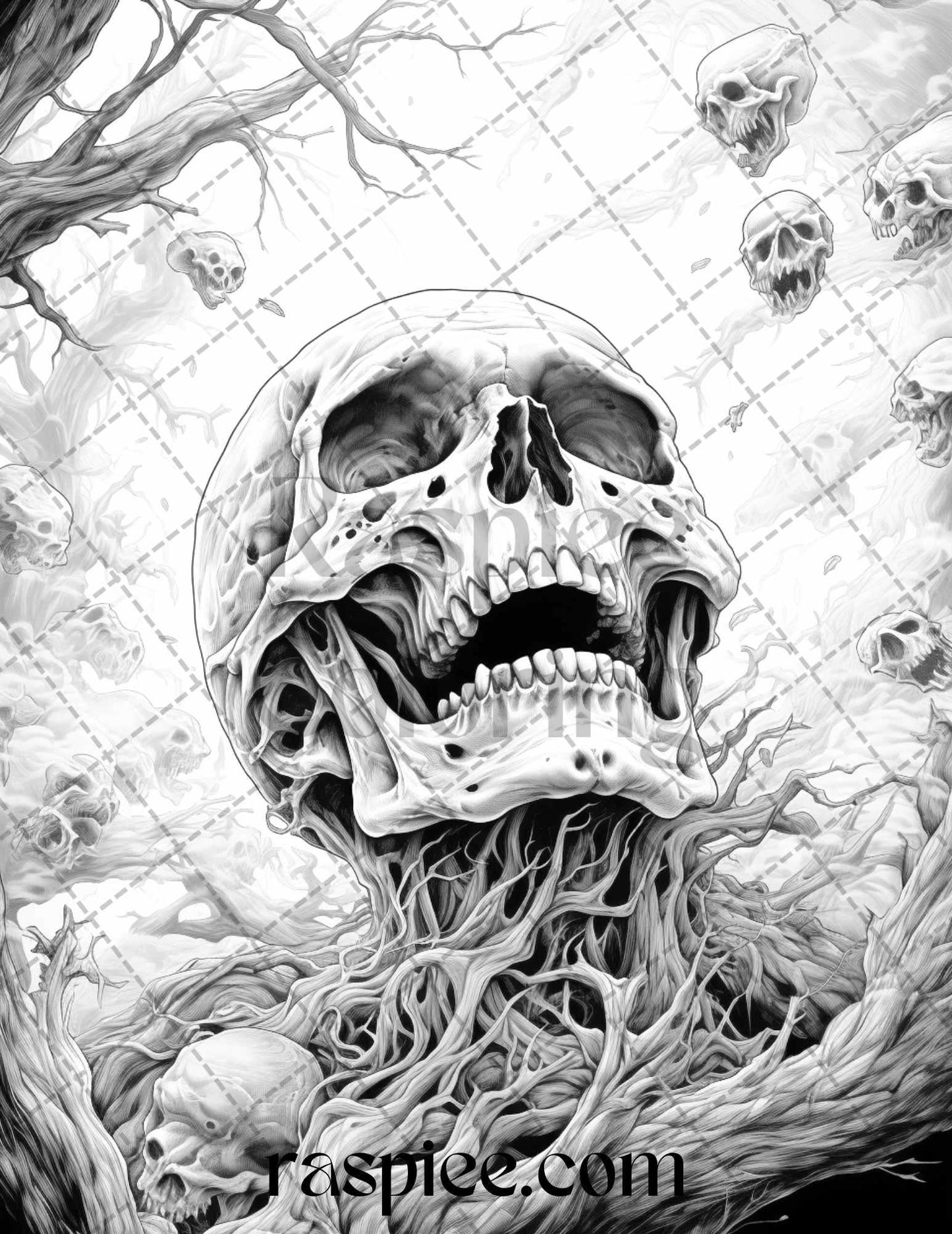 60 Halloween Nightmare Grayscale Coloring Pages Printable for Adults, PDF File Instant Download