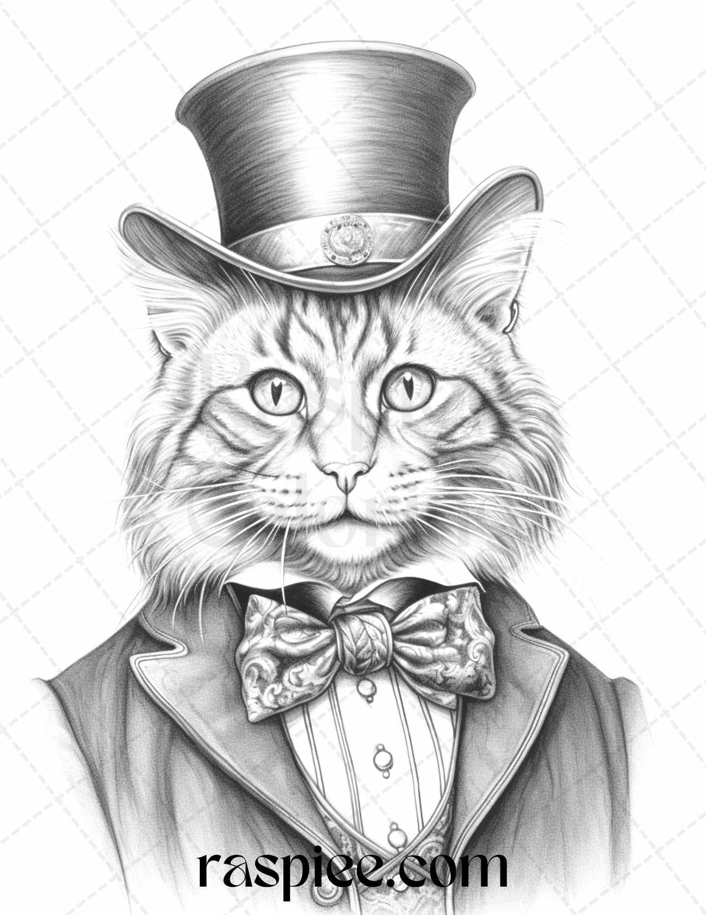 Gentleman Cat Grayscale Coloring Pages Printable for Adults Kids, PDF File Instant Download