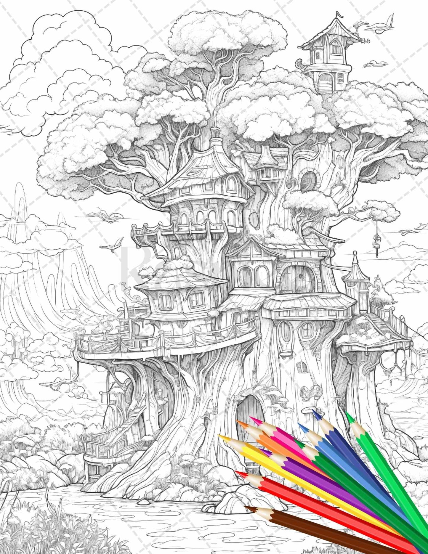 110 Enchanted Treehouse Coloring Book Printable for Adults, Grayscale Coloring Page, PDF File Instant Download
