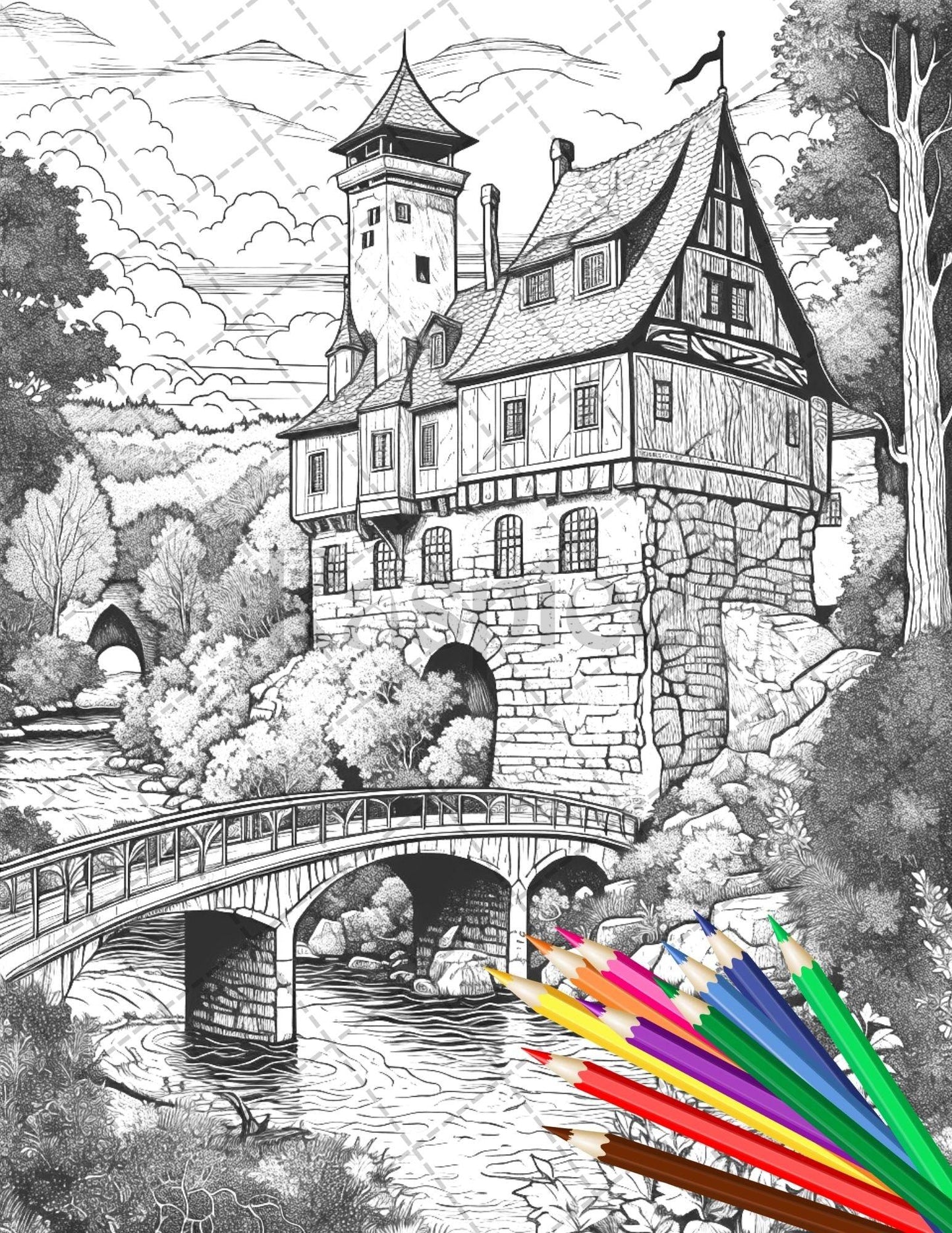 122 Fantasy Castles Coloring Book for Adults, Grayscale Coloring Page, Printable PDF Instant Download