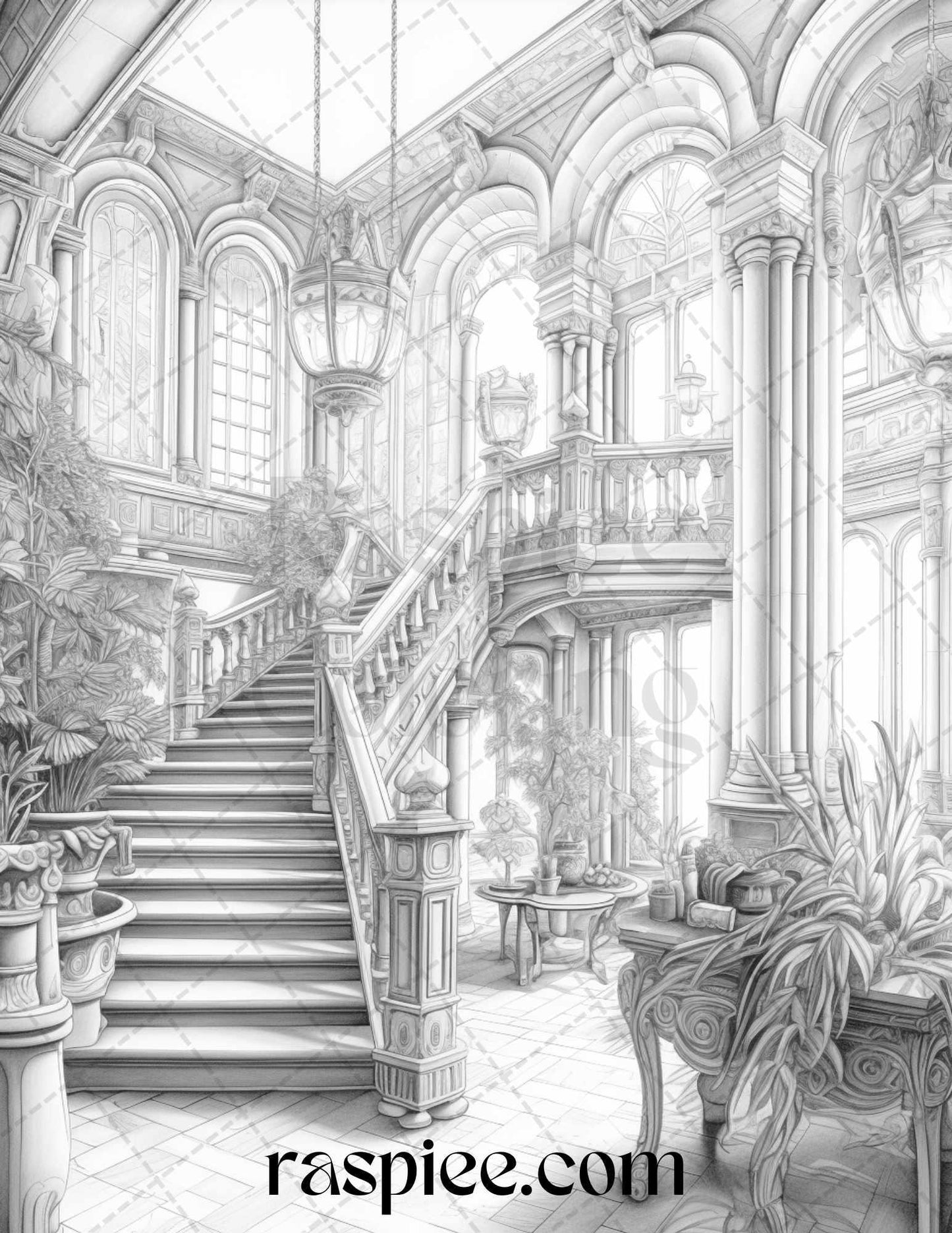 Fantasy Interior Grayscale Coloring Pages for Adults, Printable PDF File Instant Download