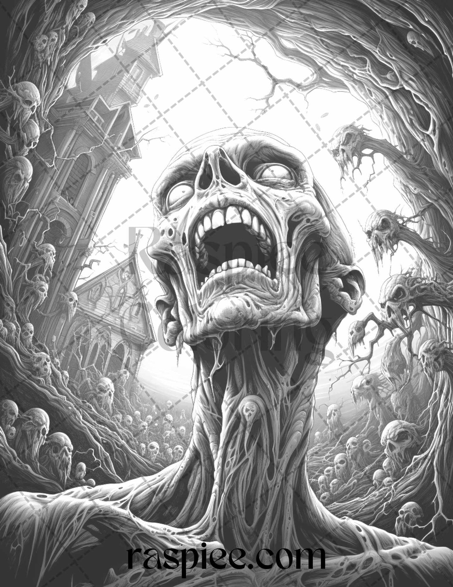60 Halloween Nightmare Grayscale Coloring Pages Printable for Adults, PDF File Instant Download
