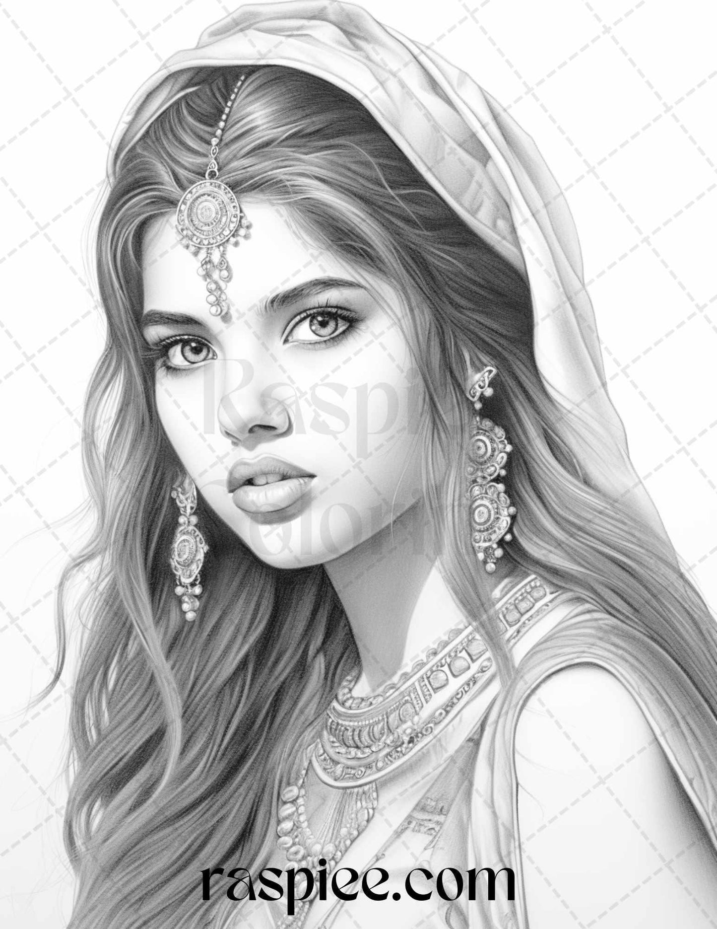 50 Beautiful Indian Women Grayscale Coloring Pages for Adults, Printable PDF File Instant Download