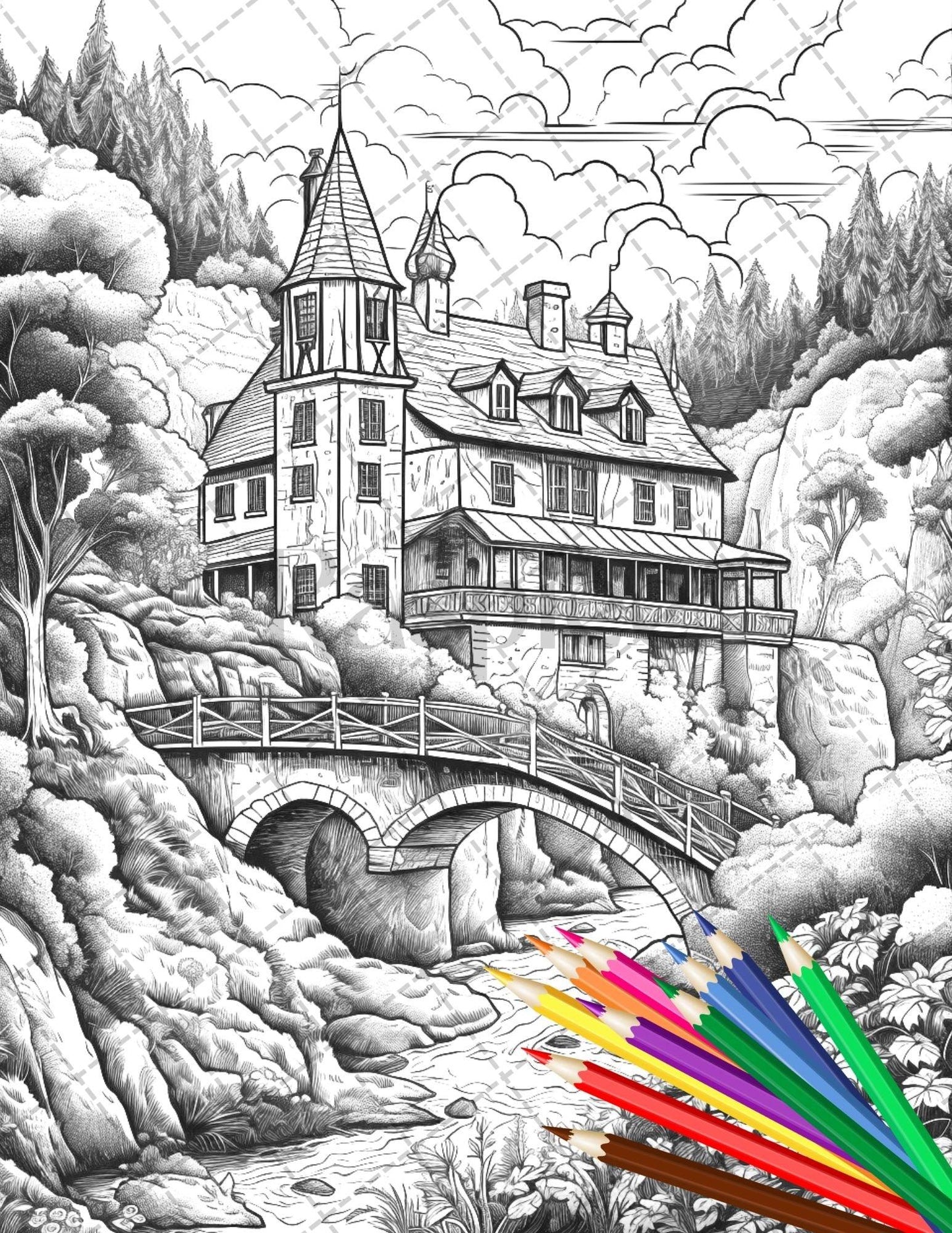 122 Fantasy Castles Coloring Book for Adults, Grayscale Coloring Page, Printable PDF Instant Download