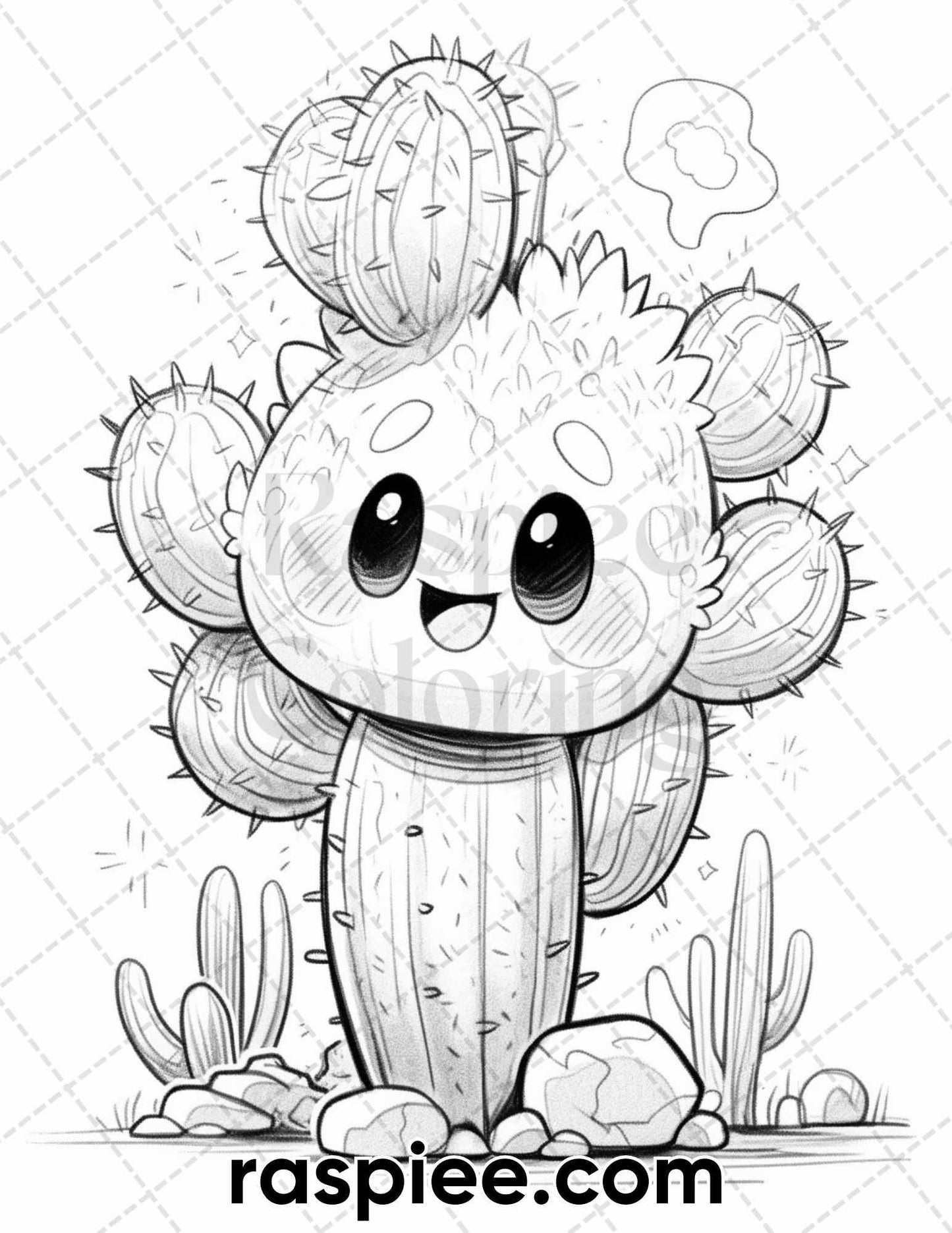 60 Cute Cactus Adventure Grayscale Coloring Pages for Adults, Printable PDF Instant Download