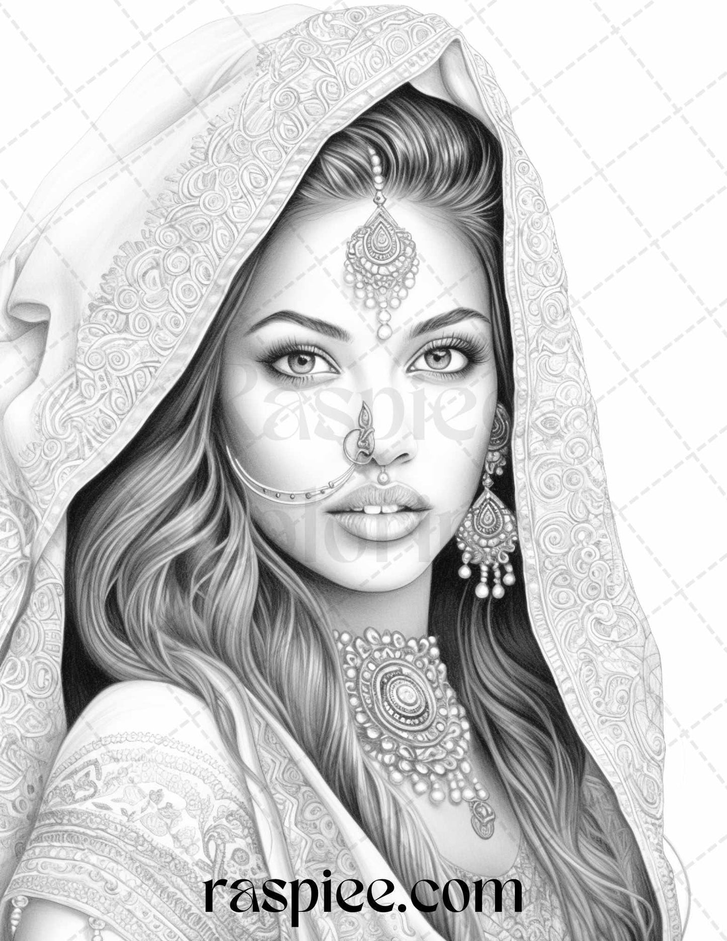 50 Beautiful Indian Women Grayscale Coloring Pages for Adults, Printable PDF File Instant Download