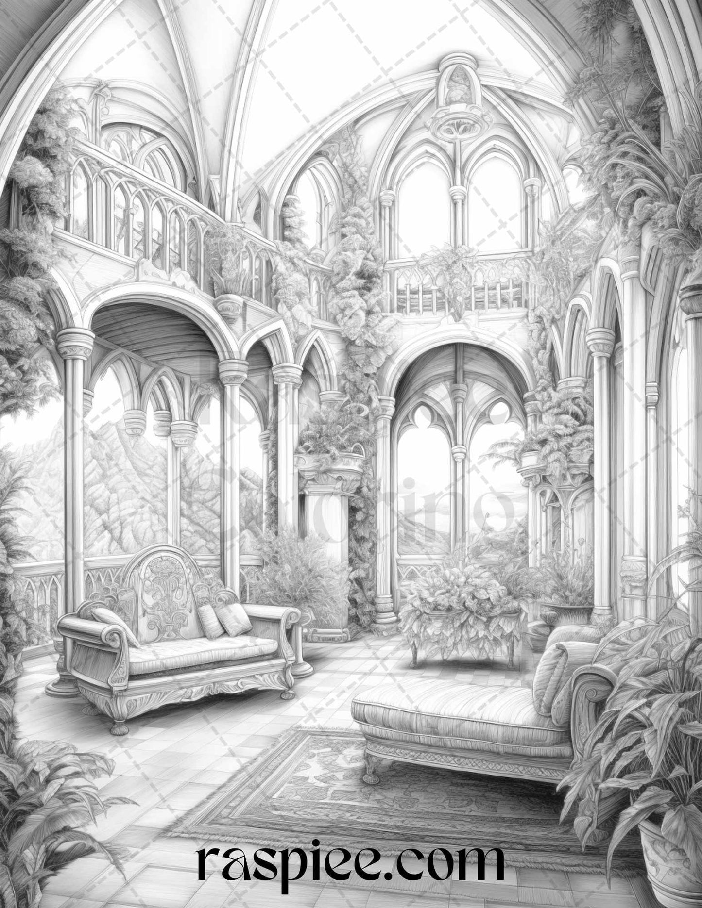 Fantasy Interior Grayscale Coloring Pages for Adults, Printable PDF File Instant Download