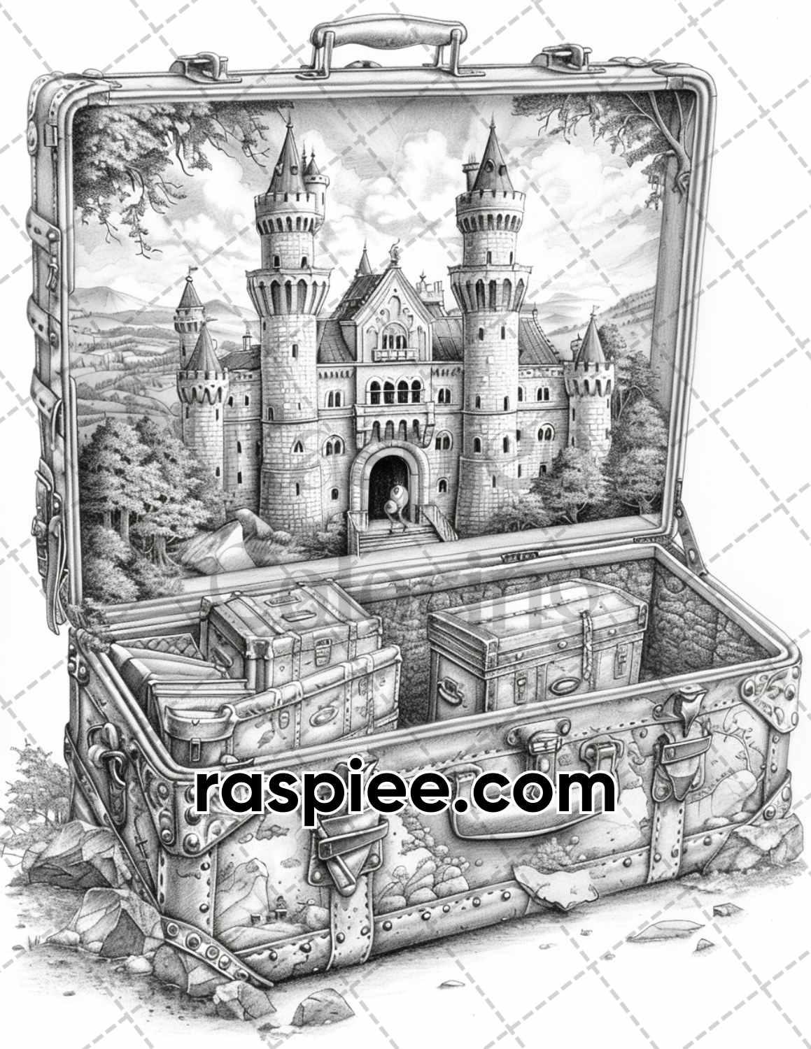 67 Worlds in a Suitcase Grayscale Adult Coloring Pages, Printable PDF Instant Download