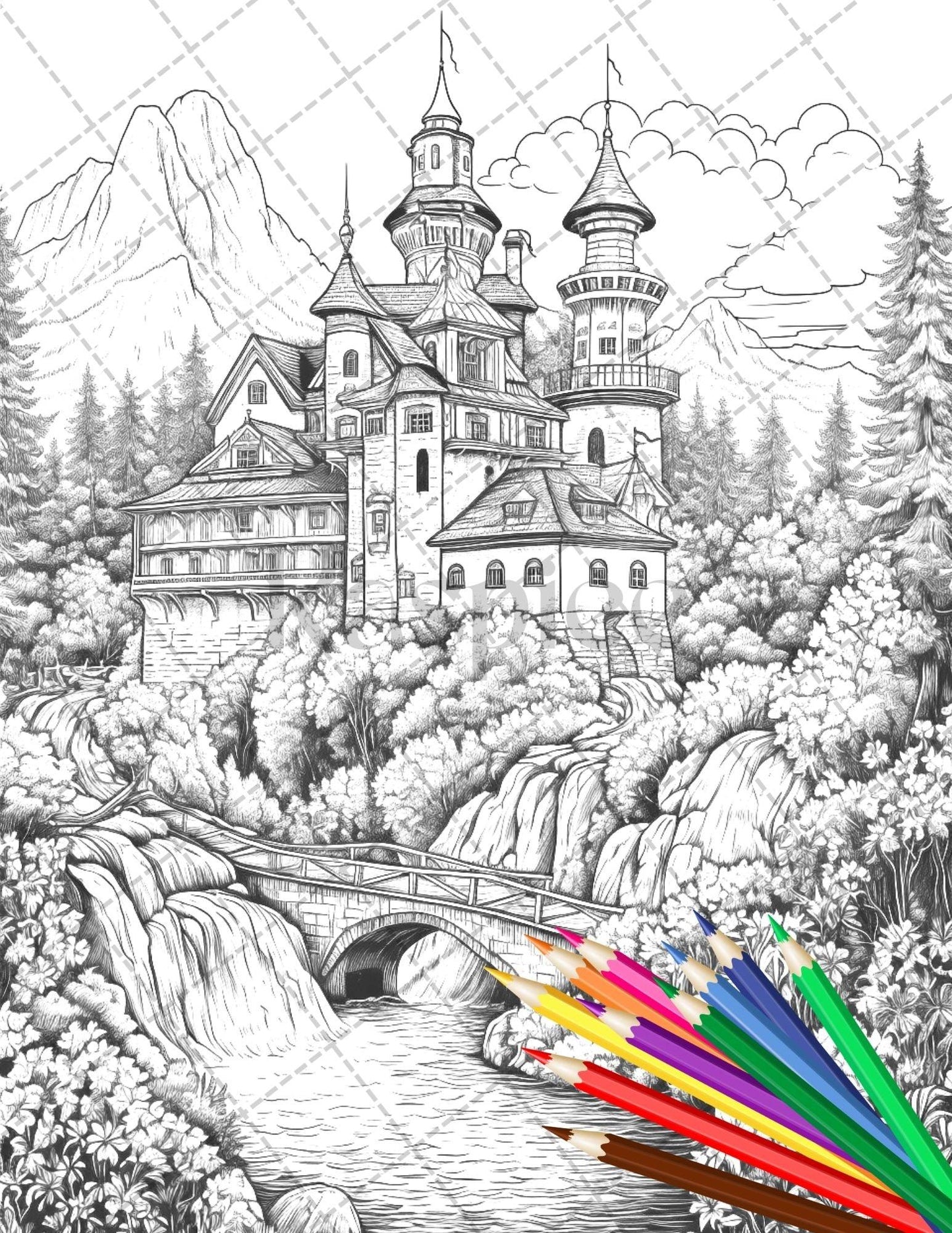 122 Fantasy Castles Coloring Book for Adults, Grayscale Coloring Page, Printable PDF Instant Download
