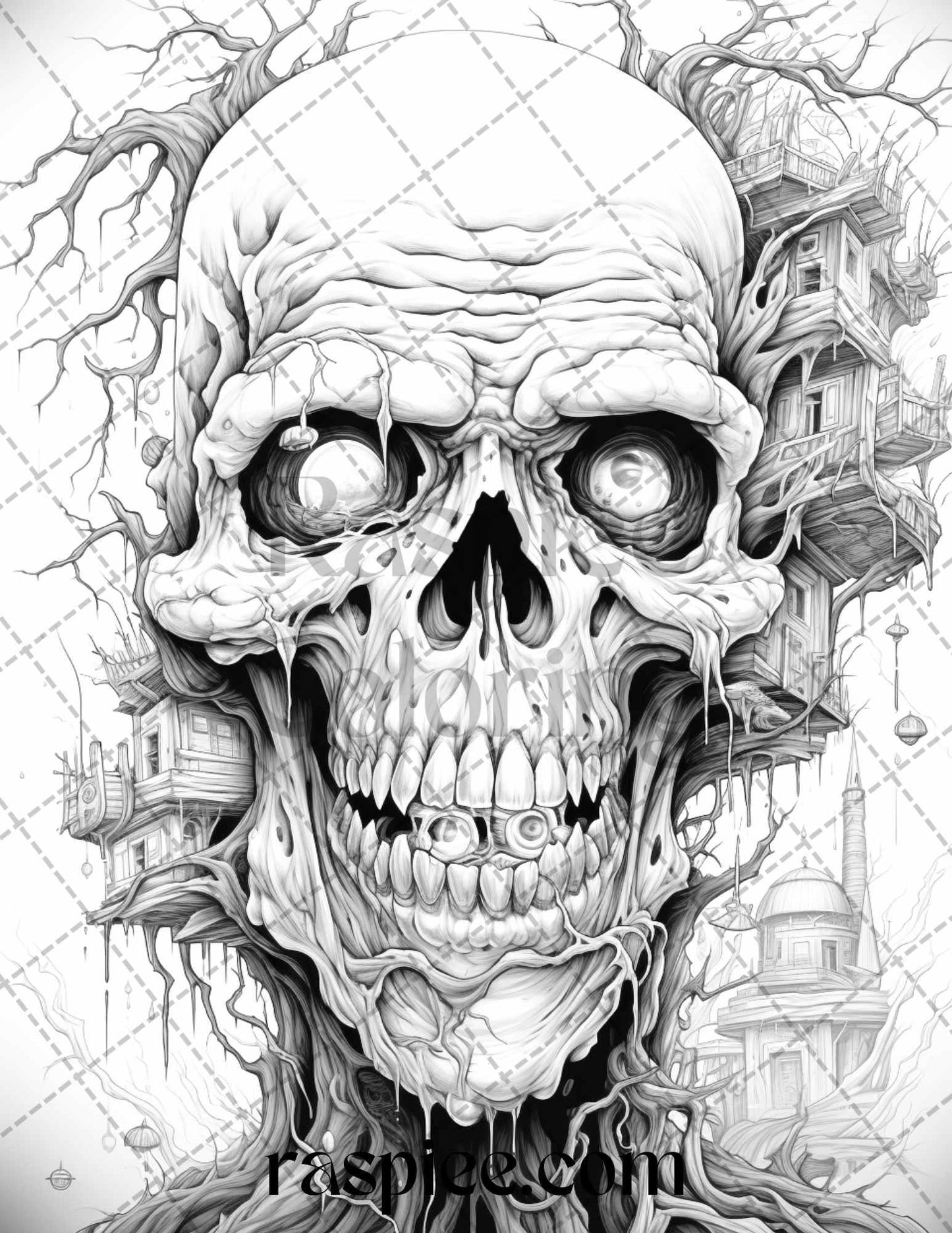 60 Halloween Nightmare Grayscale Coloring Pages Printable for Adults, PDF File Instant Download
