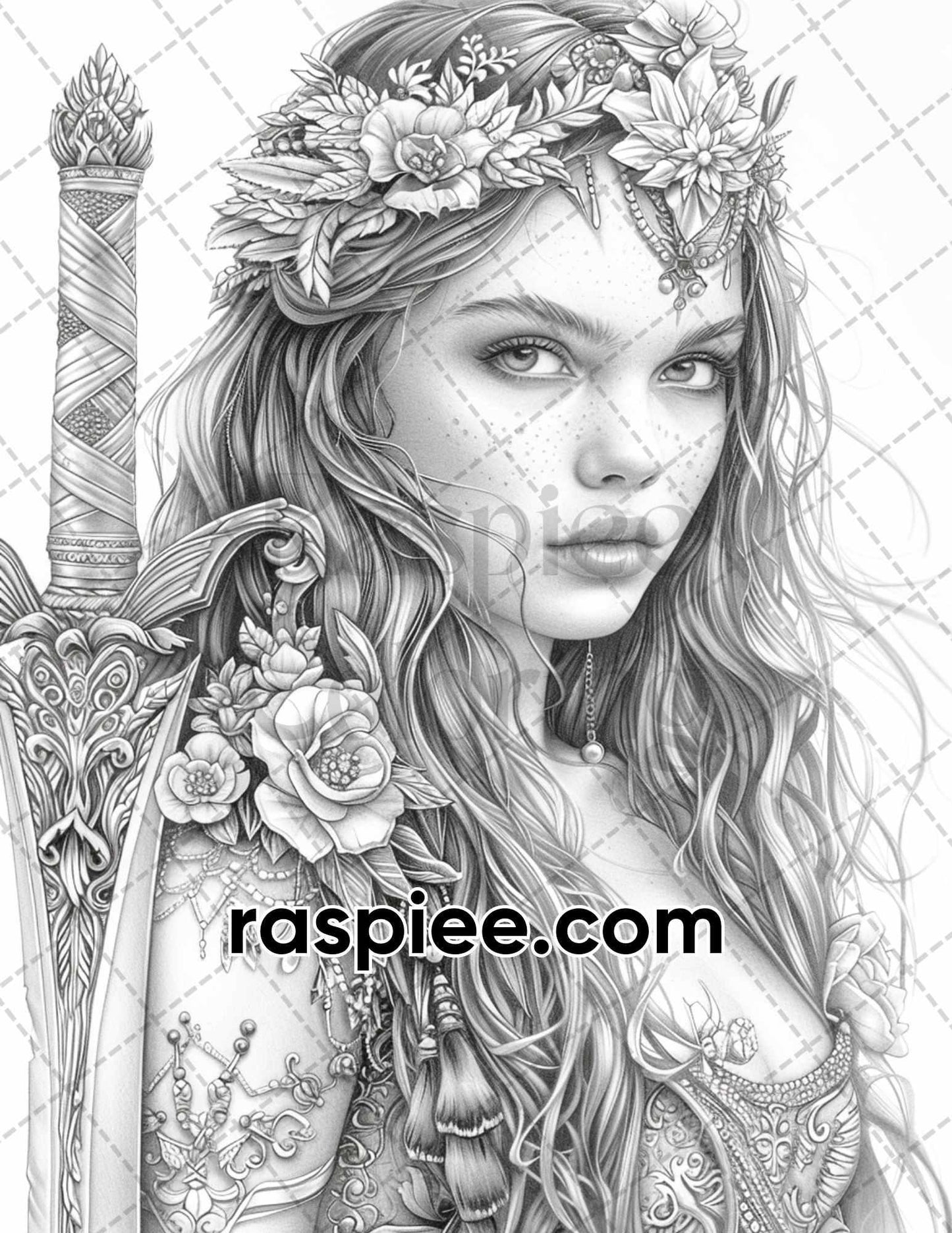 60 Beautiful Warriors Grayscale Adult Coloring Pages, Printable PDF Instant Download