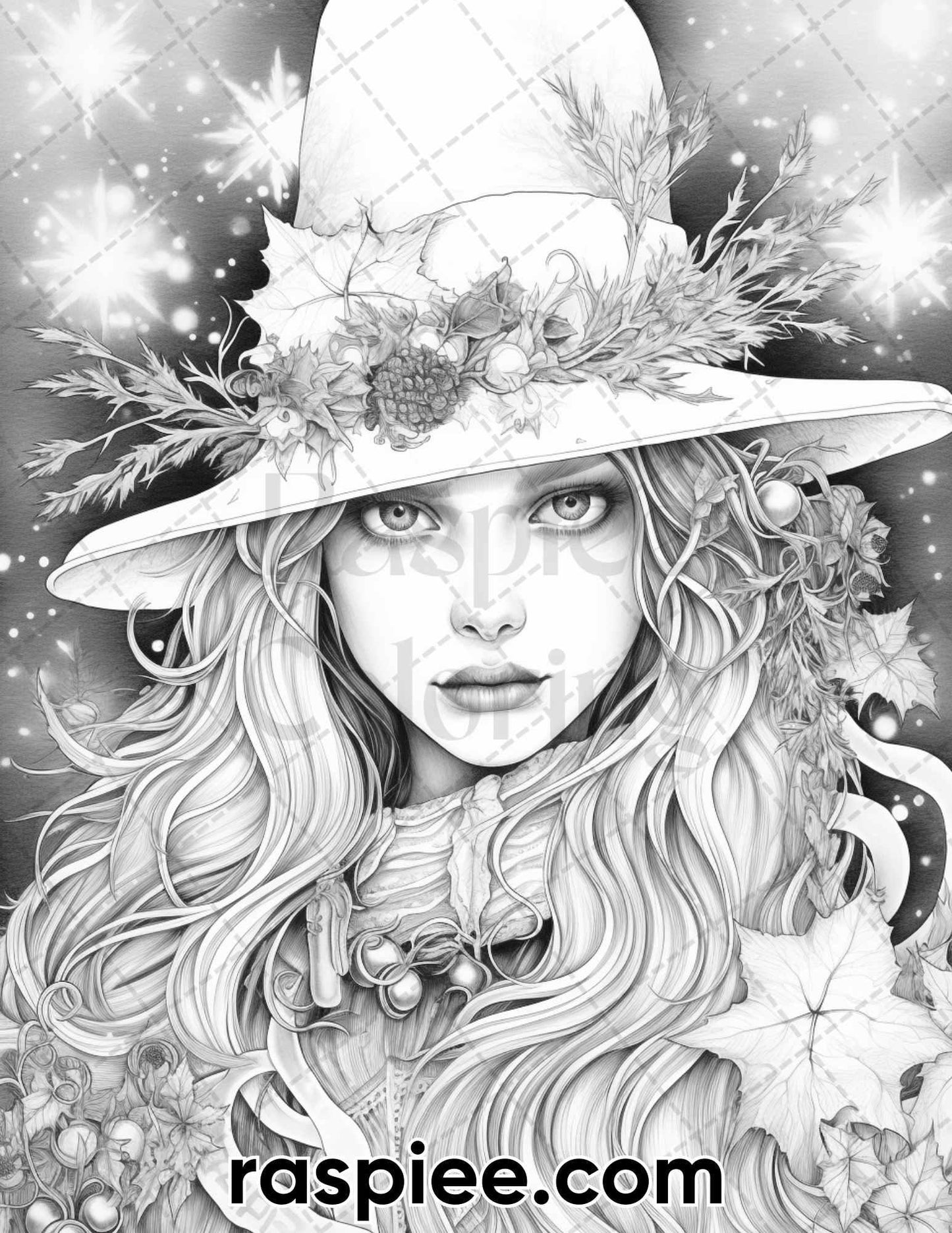 50 Christmas Witch Grayscale Coloring Pages for Adults, Printable PDF Instant Download