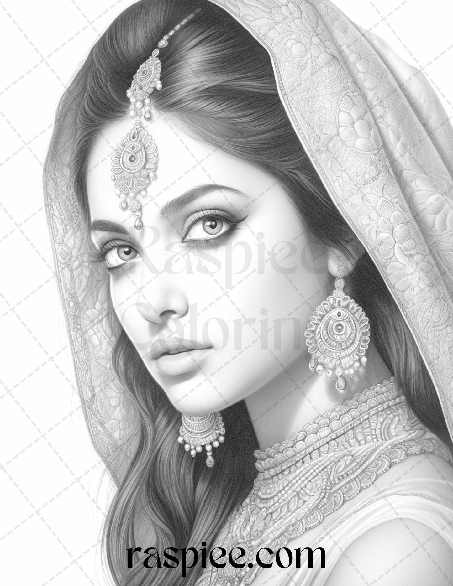 50 Beautiful Indian Women Grayscale Coloring Pages for Adults, Printable PDF File Instant Download