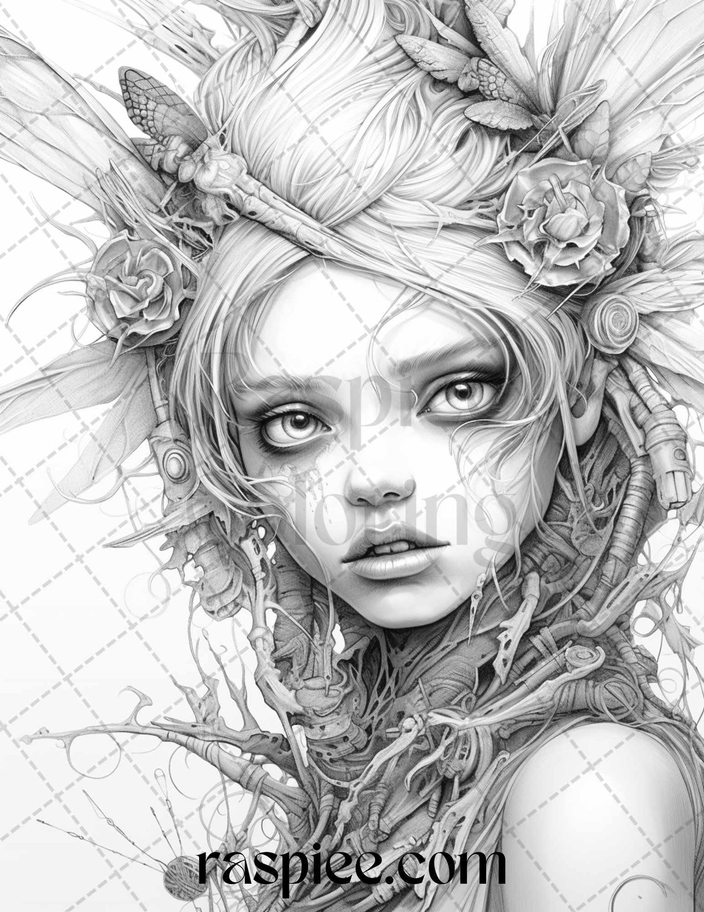 60 Halloween Zombie Fairy Grayscale Coloring Pages Printable for Adults, PDF File Instant Download