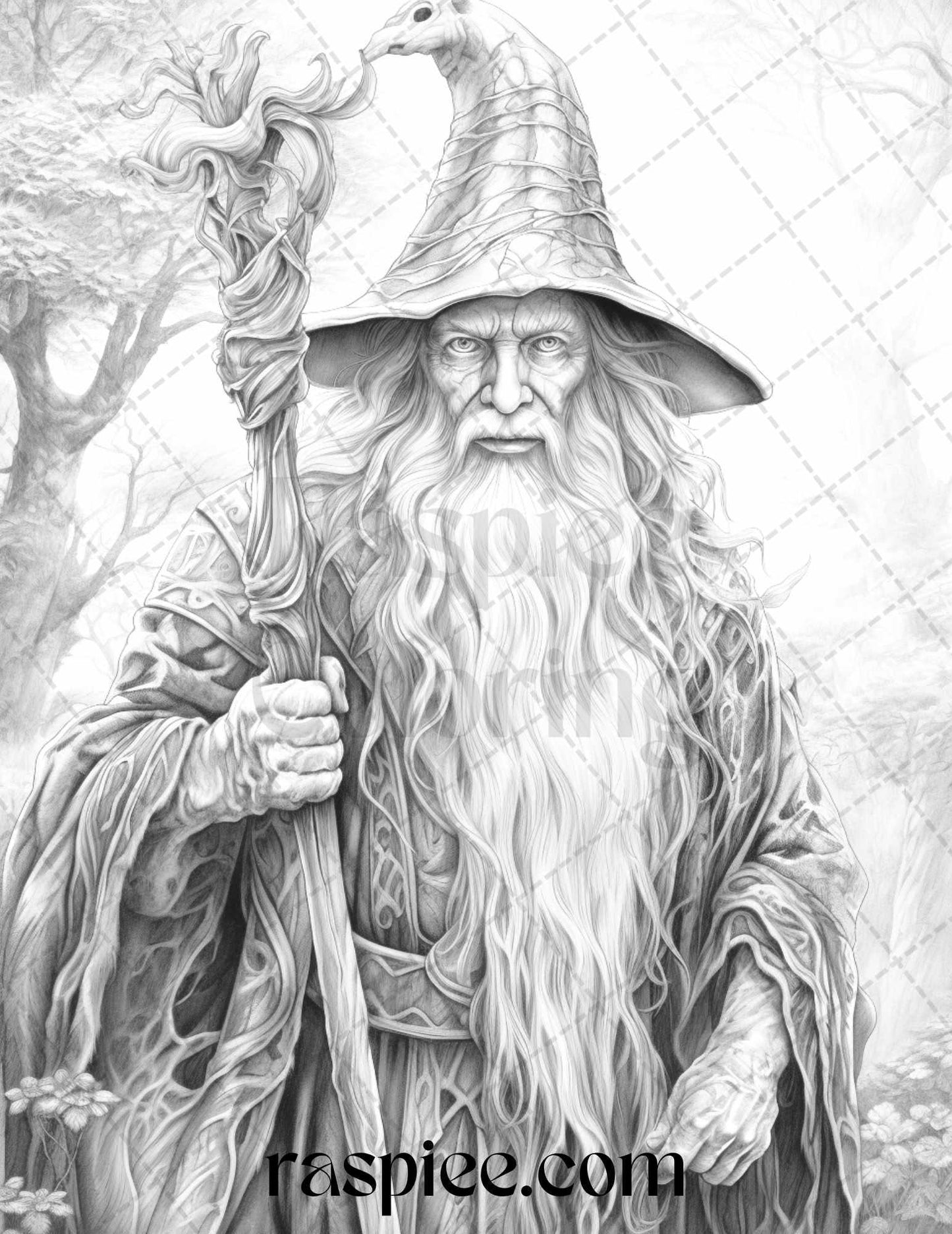 50 Magical Wizard Grayscale Coloring Pages for Adults, Printable PDF File Instant Download
