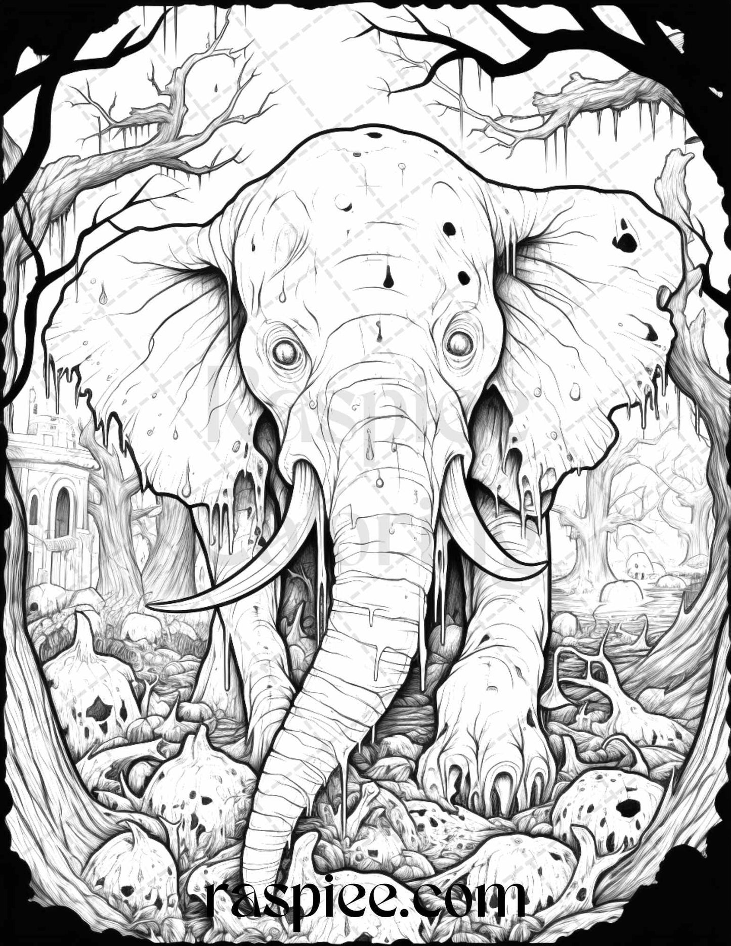 50 Halloween Scary Animals Grayscale Coloring Pages Printable for Adults, PDF File Instant Download