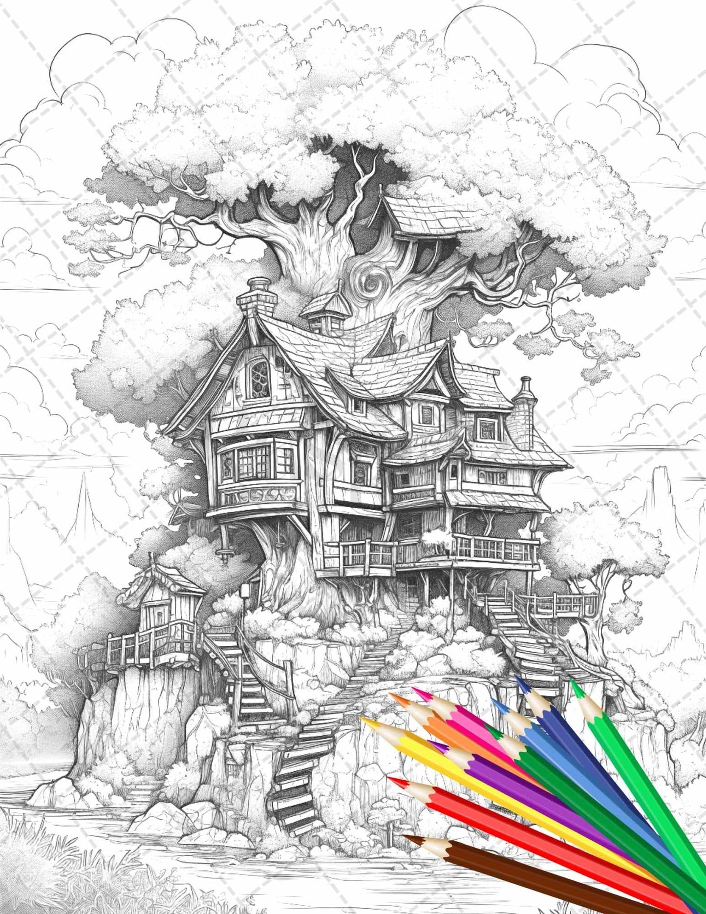 110 Enchanted Treehouse Coloring Book Printable for Adults, Grayscale Coloring Page, PDF File Instant Download