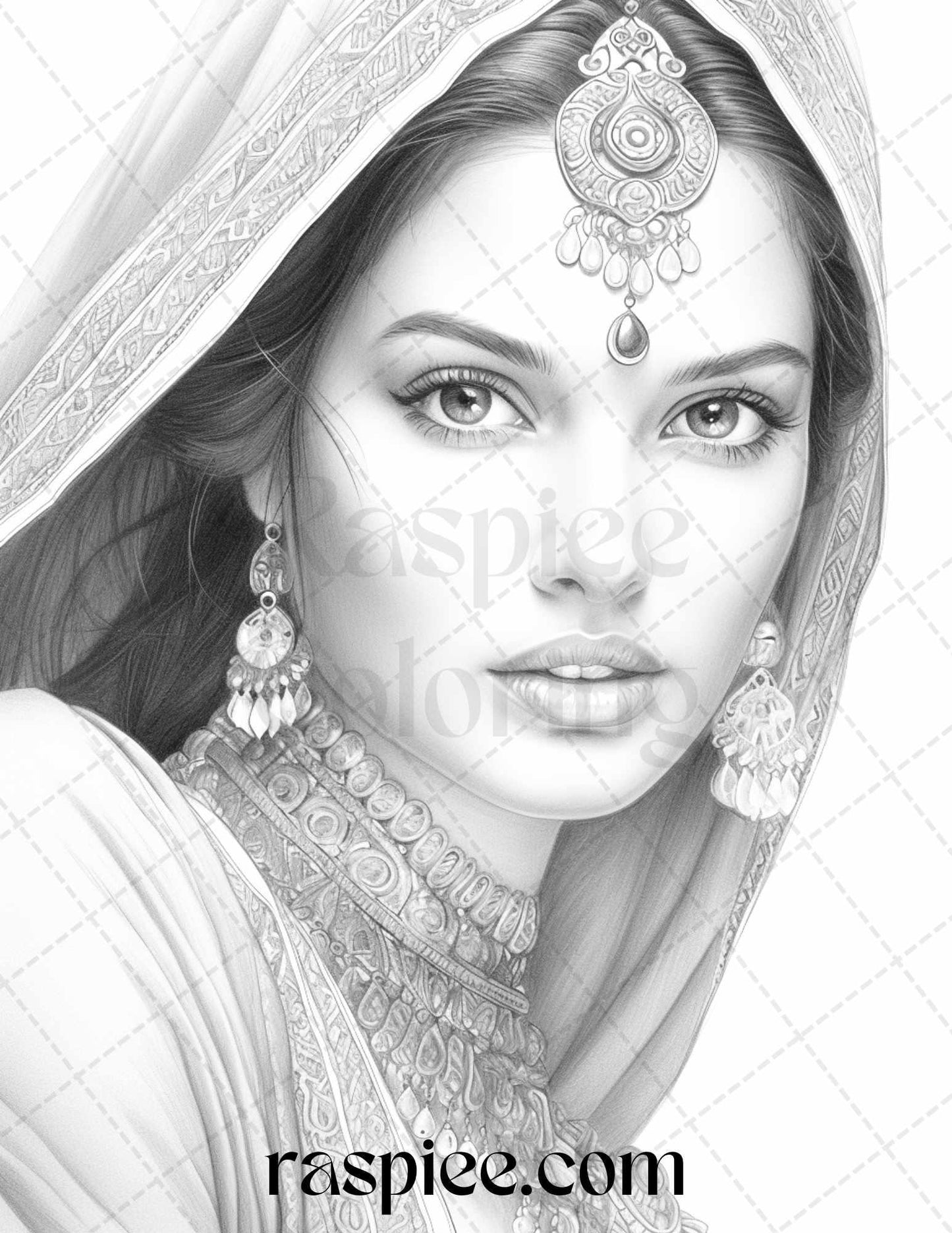 50 Beautiful Indian Women Grayscale Coloring Pages for Adults, Printable PDF File Instant Download