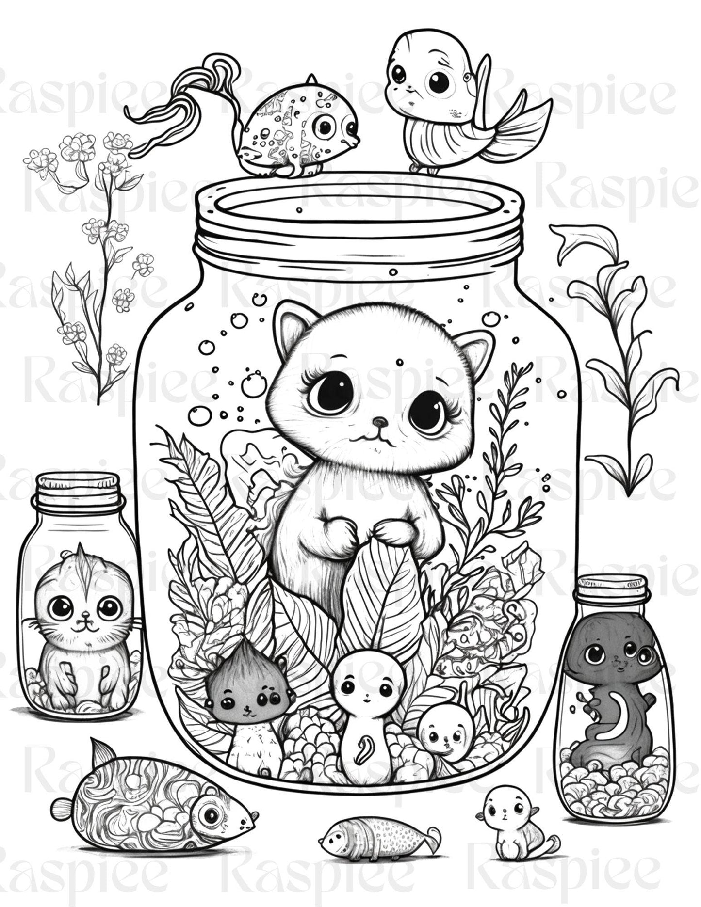 100 Animal in Jar Coloring Pages, Printable Coloring Pages for Kids and Adults, Printable PDF File Instant Download