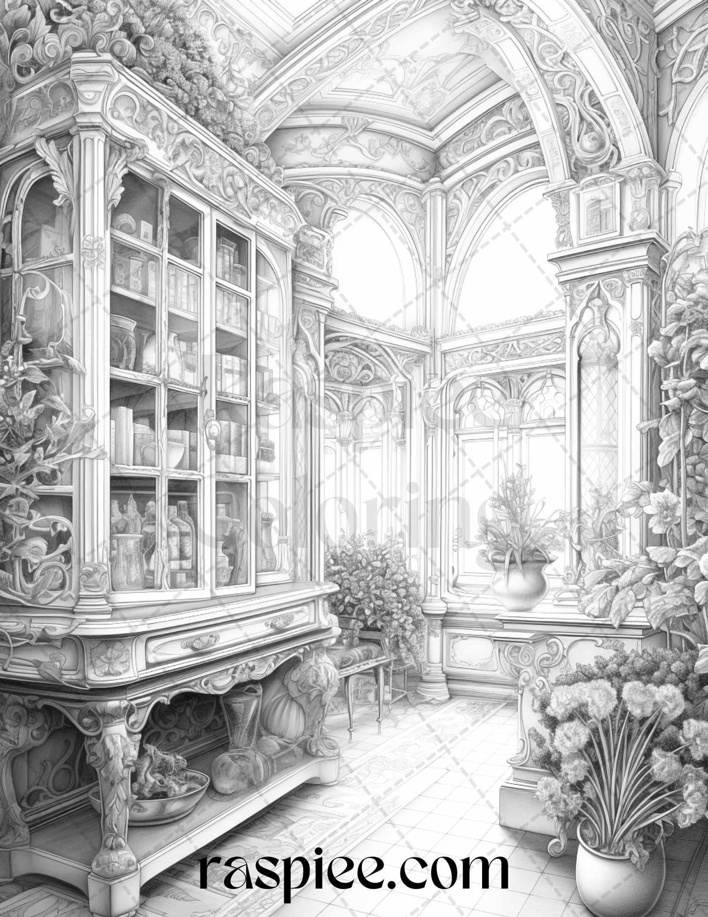 Fantasy Interior Grayscale Coloring Pages for Adults, Printable PDF File Instant Download