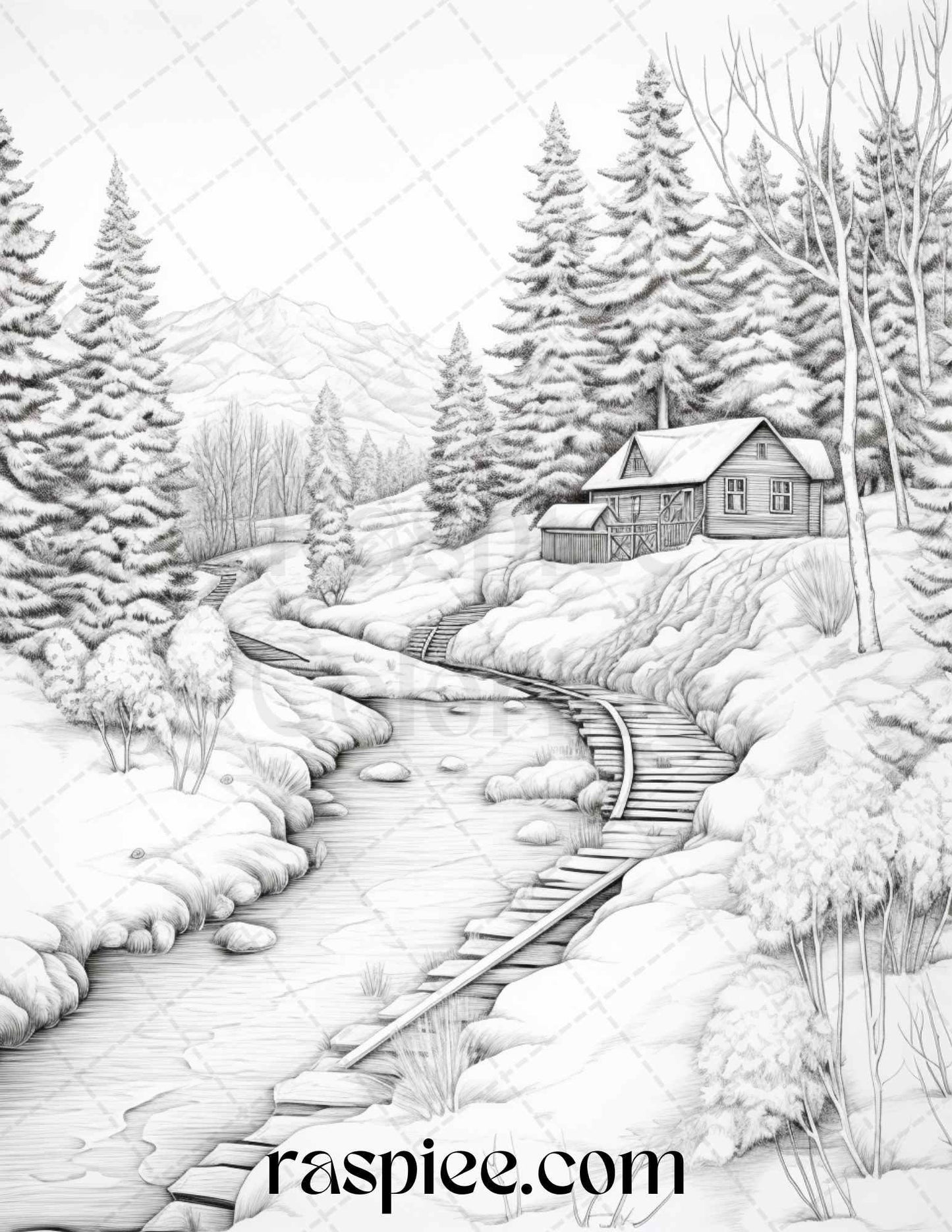 Winter Scenery Grayscale Coloring Pages Printable, Relaxing Snowy Landscapes, PDF File Instant Download