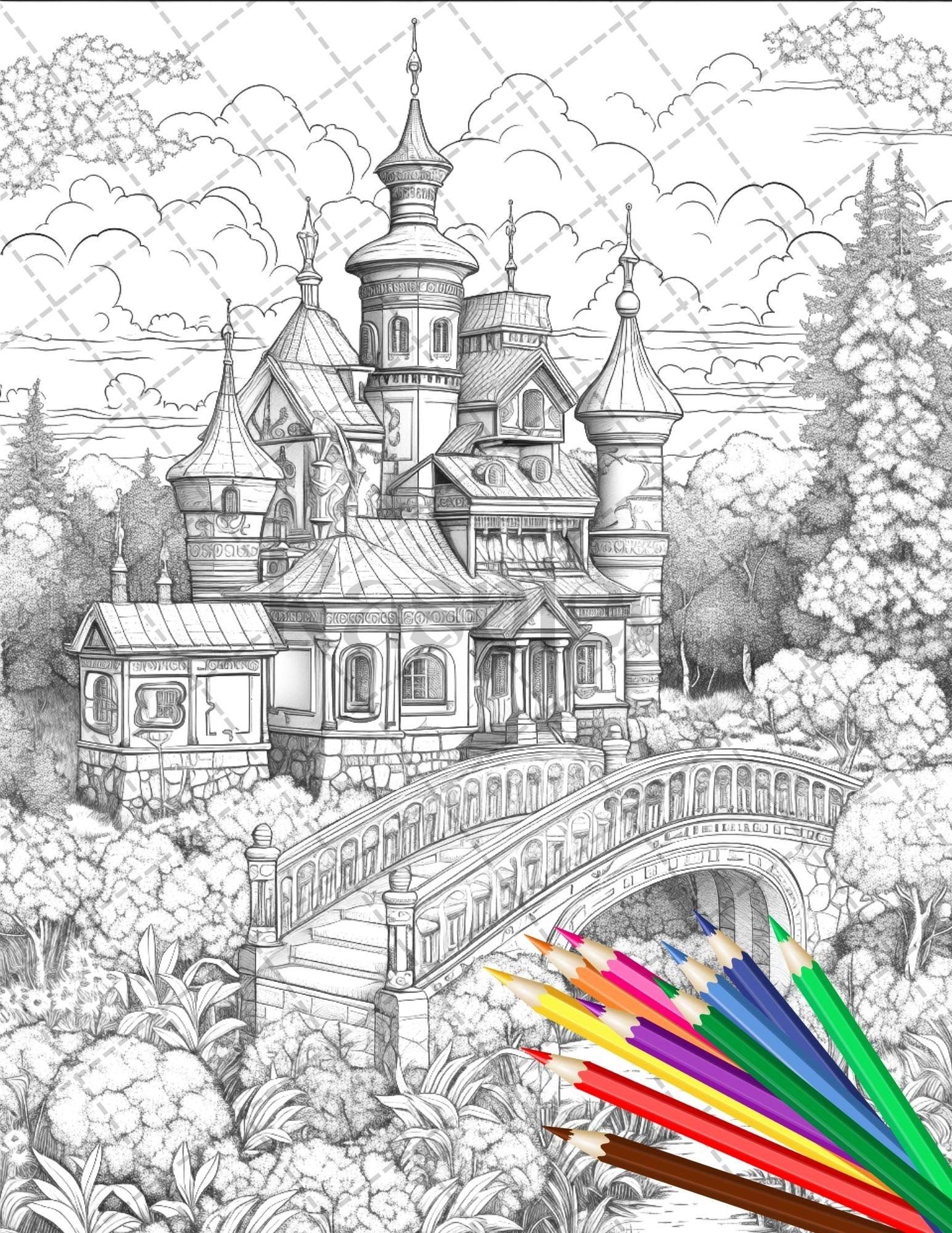 122 Fantasy Castles Coloring Book for Adults, Grayscale Coloring Page, Printable PDF Instant Download