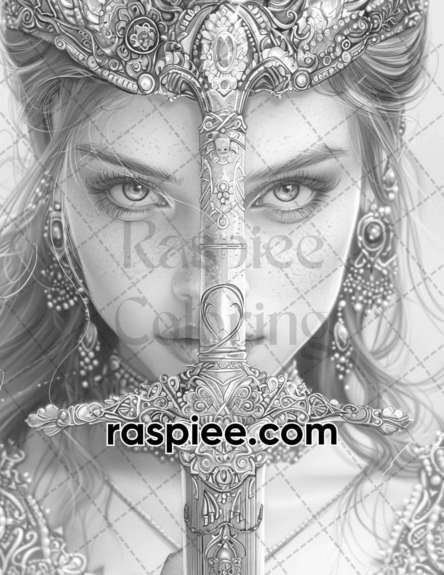 60 Beautiful Warriors Grayscale Adult Coloring Pages, Printable PDF Instant Download