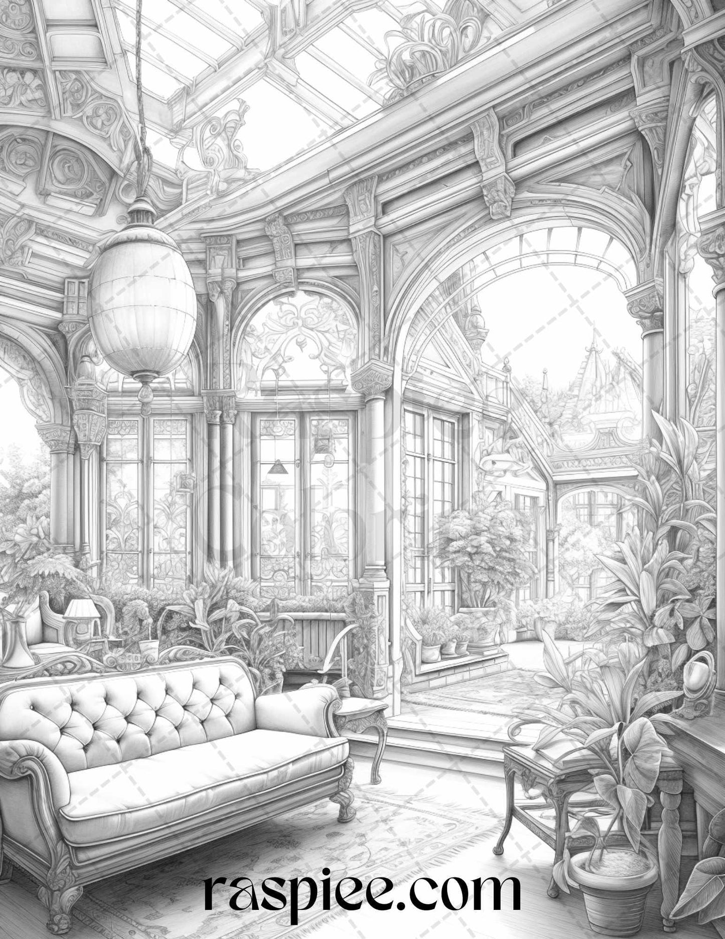 Fantasy Interior Grayscale Coloring Pages for Adults, Printable PDF File Instant Download