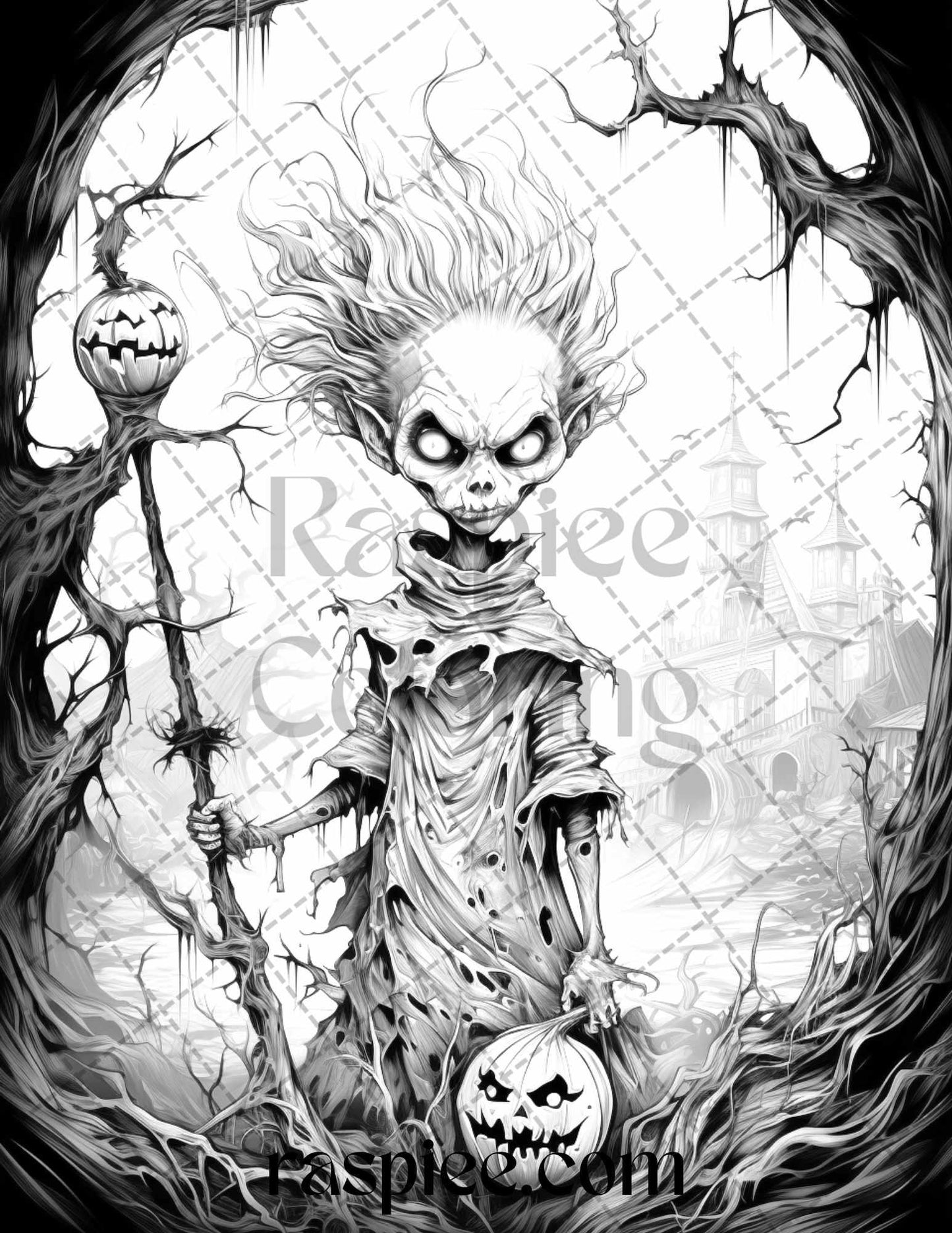 60 Halloween Nightmare Grayscale Coloring Pages Printable for Adults, PDF File Instant Download