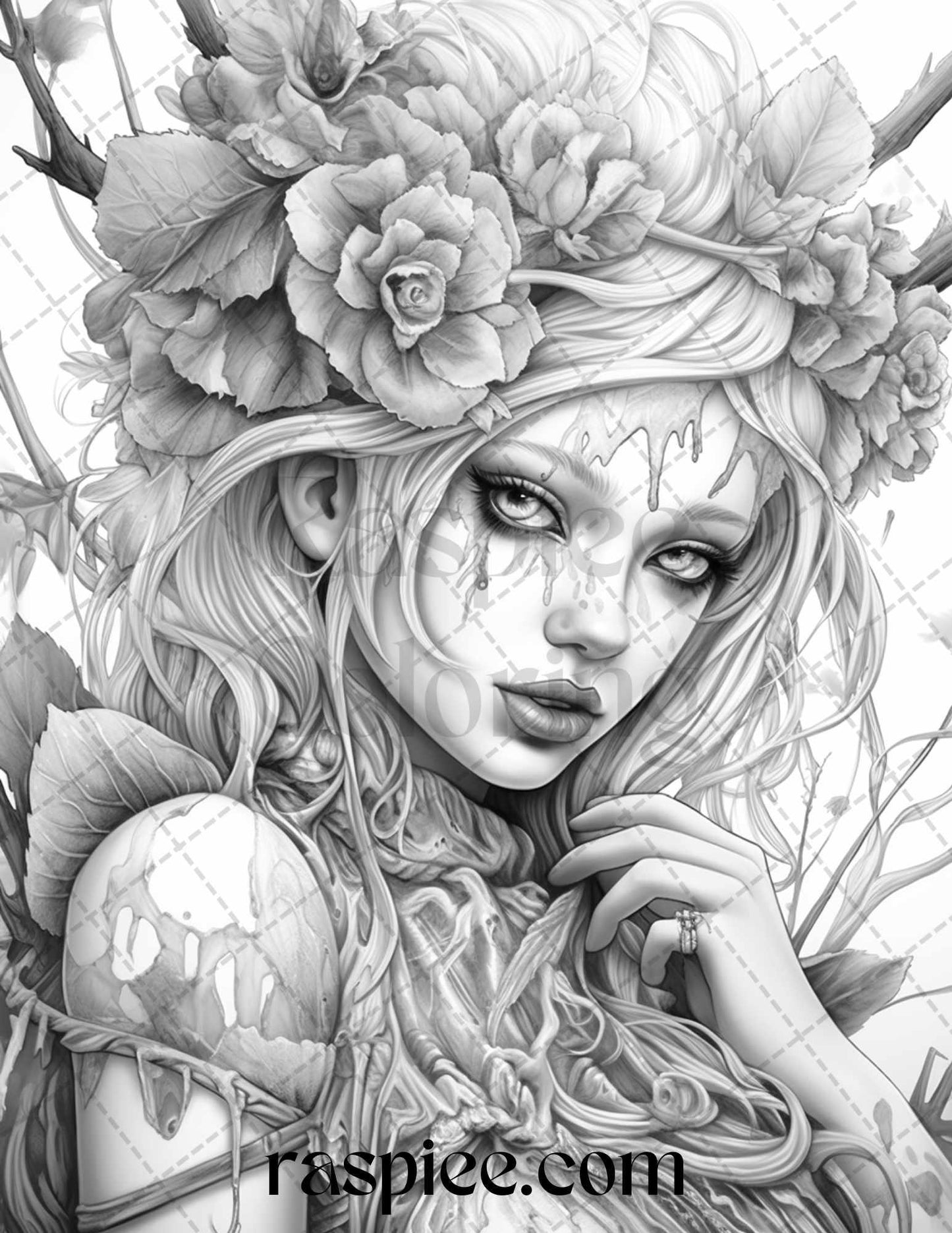60 Halloween Zombie Fairy Grayscale Coloring Pages Printable for Adults, PDF File Instant Download