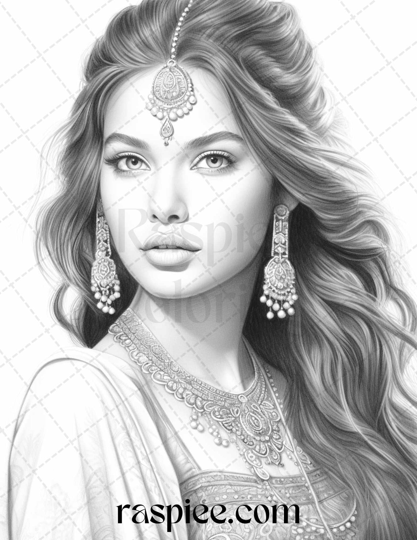 50 Beautiful Indian Women Grayscale Coloring Pages for Adults, Printable PDF File Instant Download