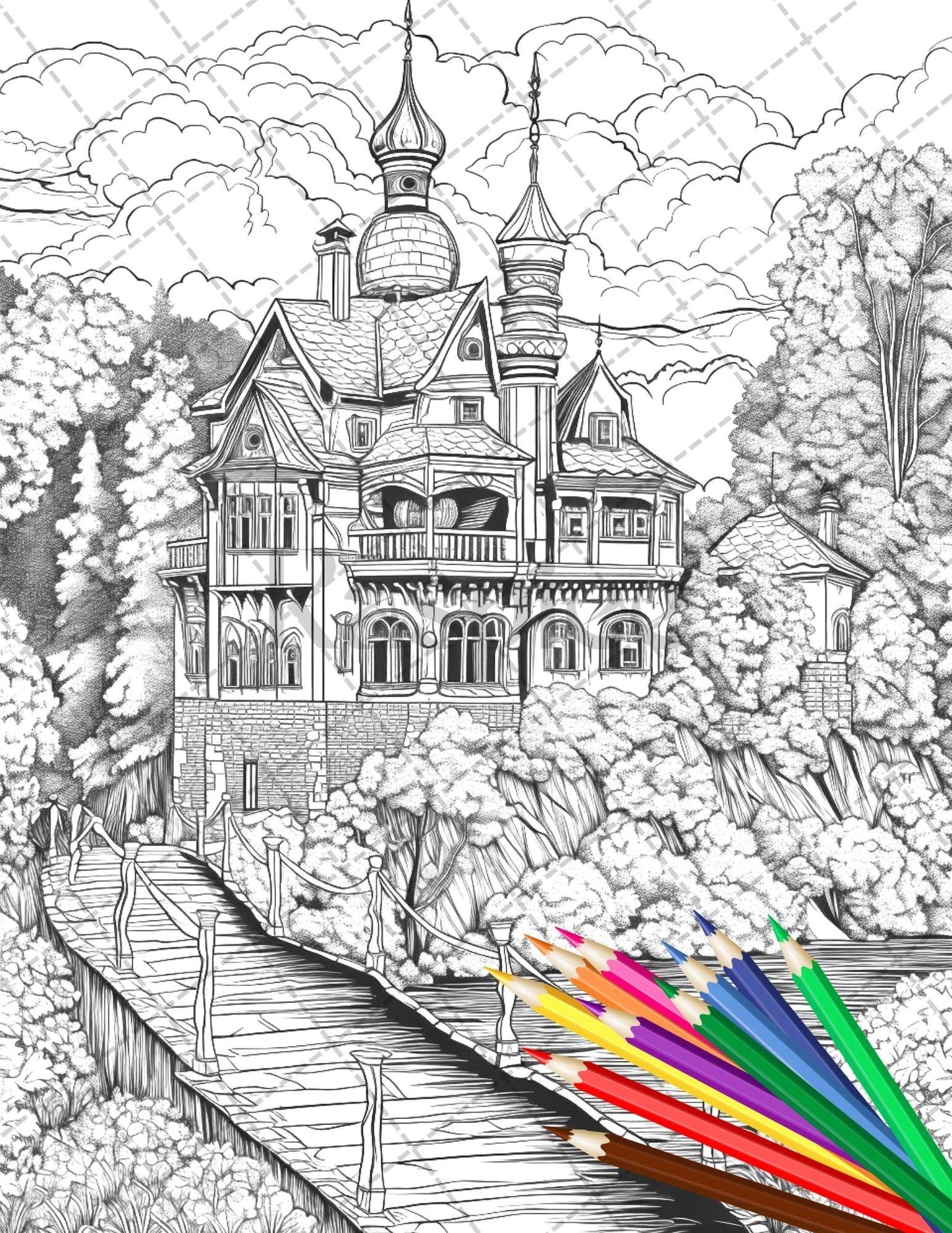 122 Fantasy Castles Coloring Book for Adults, Grayscale Coloring Page, Printable PDF Instant Download