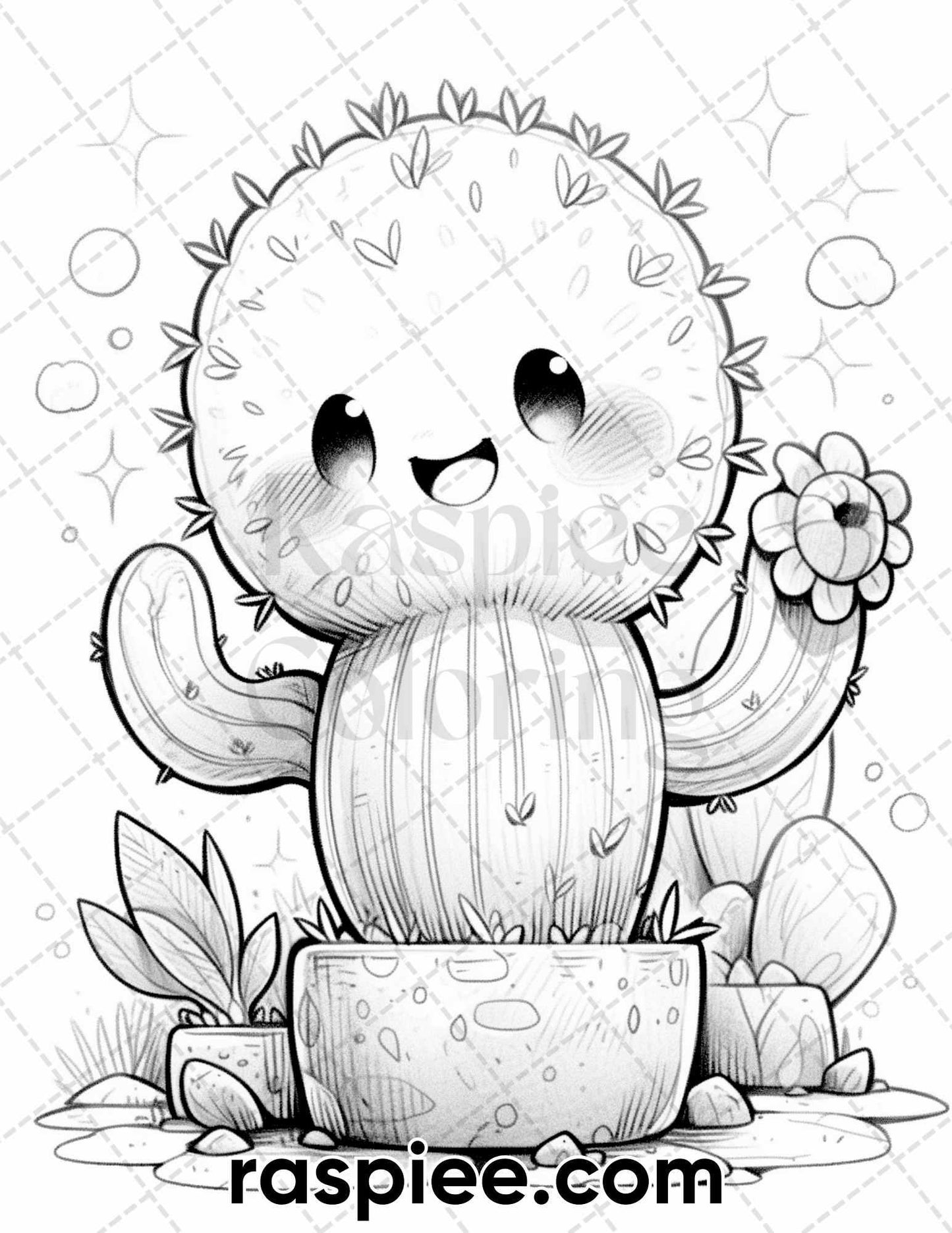 60 Cute Cactus Adventure Grayscale Coloring Pages for Adults, Printable PDF Instant Download